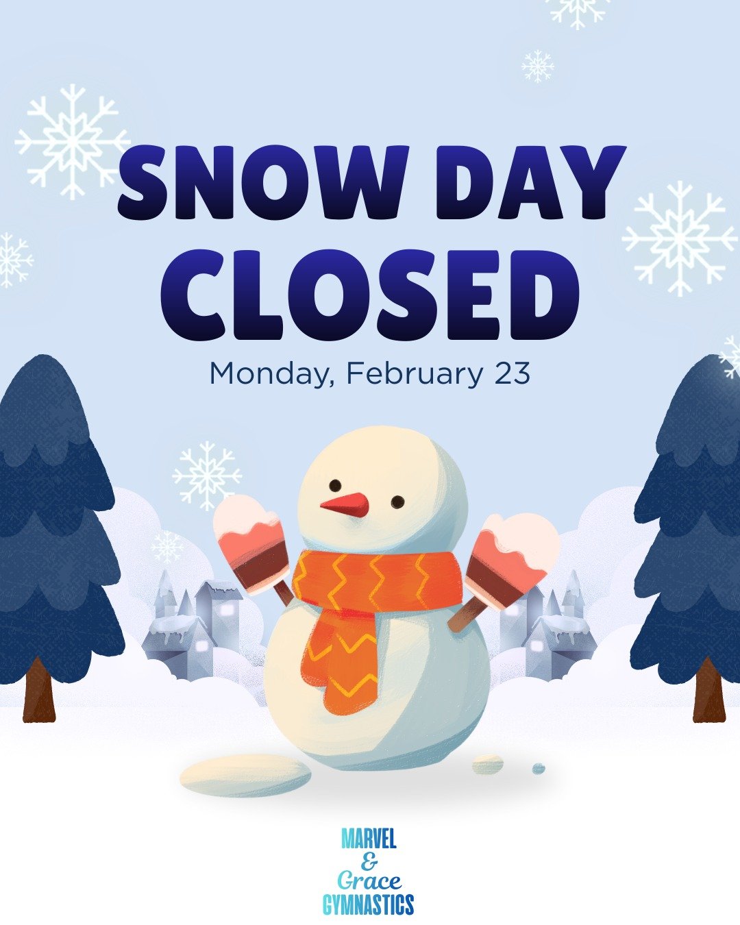 ❄️ Snow Day Alert! ❄️

Due to the snowy weather, Marvel &amp; Grace Gymnastics will be closed today, Monday, February 23.

The safety of our athletes and families is our top priority, and we want everyone to stay warm and safe during the storm. ☃️

W