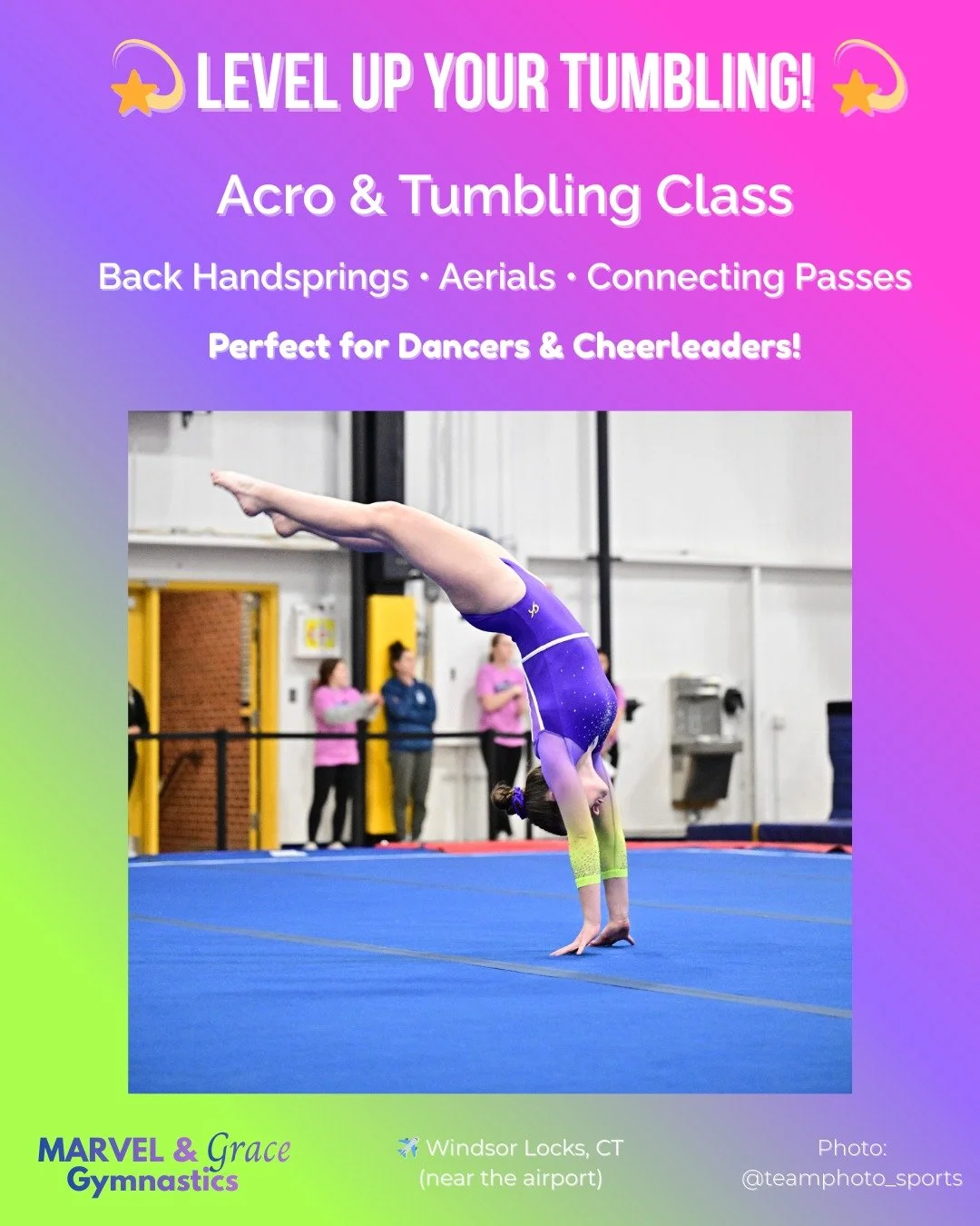 ✨ Level Up Your Tumbling! ✨
Calling all dancers &amp; cheerleaders&mdash;this is your chance to take your acrobatics to the next level! 🤸&zwj;♀️

In our Acro &amp; Tumble class, you&rsquo;ll:
💪 Build strength &amp; flexibility
🤸&zwj;♂️ Master prop