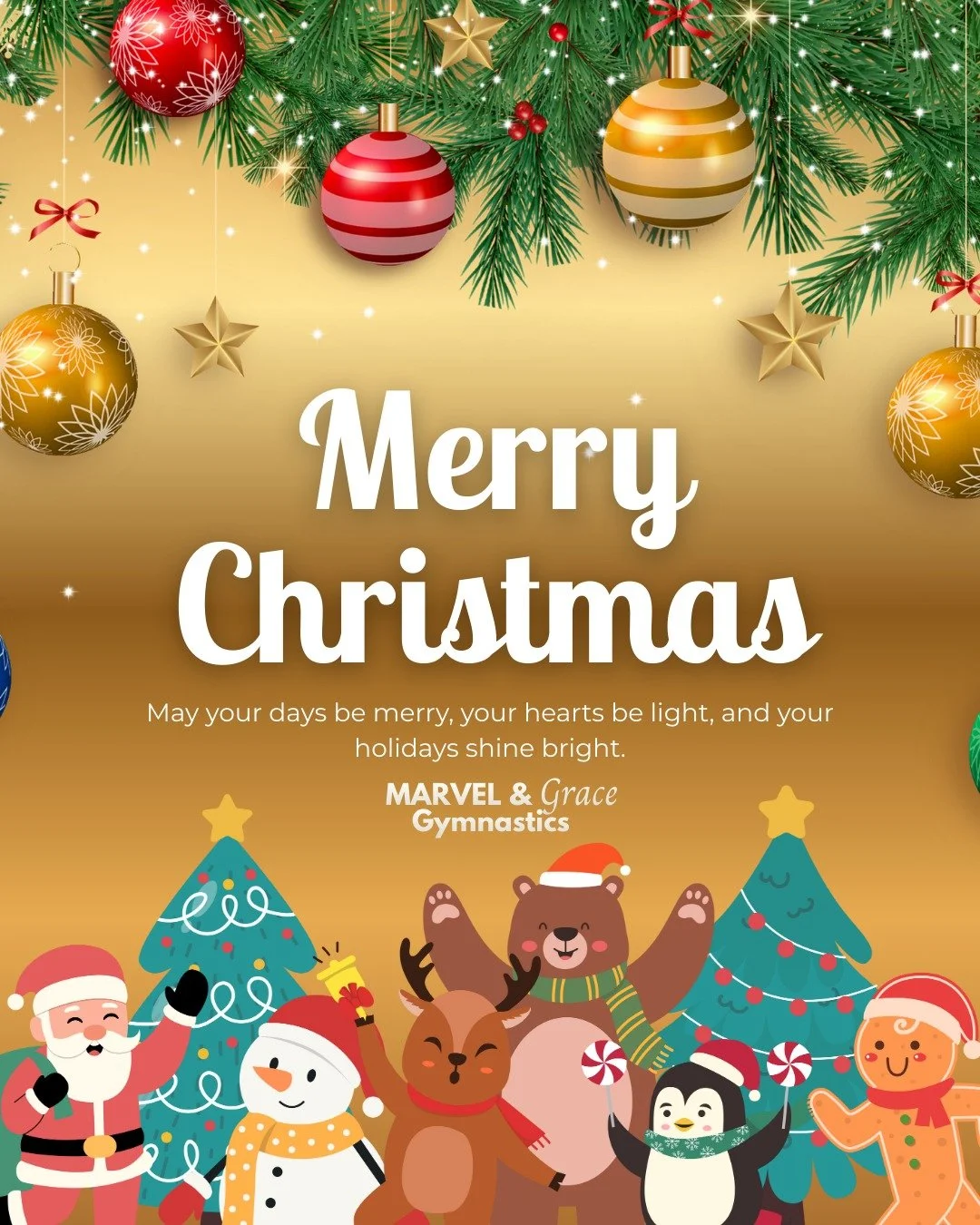 ✨🎄 From our Marvel &amp; Grace Gymnastics family to yours... 🎄✨

May your days be merry🎁, your hearts be light❤️, and your holidays shine bright💛

This season, we hope you make joyful memories, laugh a little louder, hug a little tighter, and tre