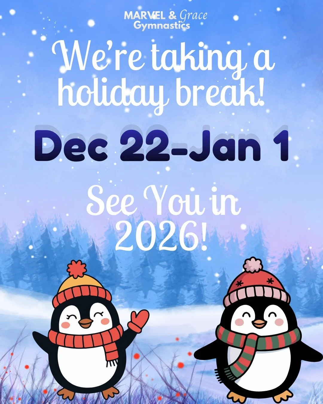 ❄️ Holiday Closure Reminder
Just a friendly reminder that we&rsquo;ll be closed for our holiday break December 22&ndash;January 1.
We wish all of our families a happy and relaxing holiday season! 🎄🤸&zwj;♀️

#MarvelAndGrace #MarvelAndGraceGymnastics