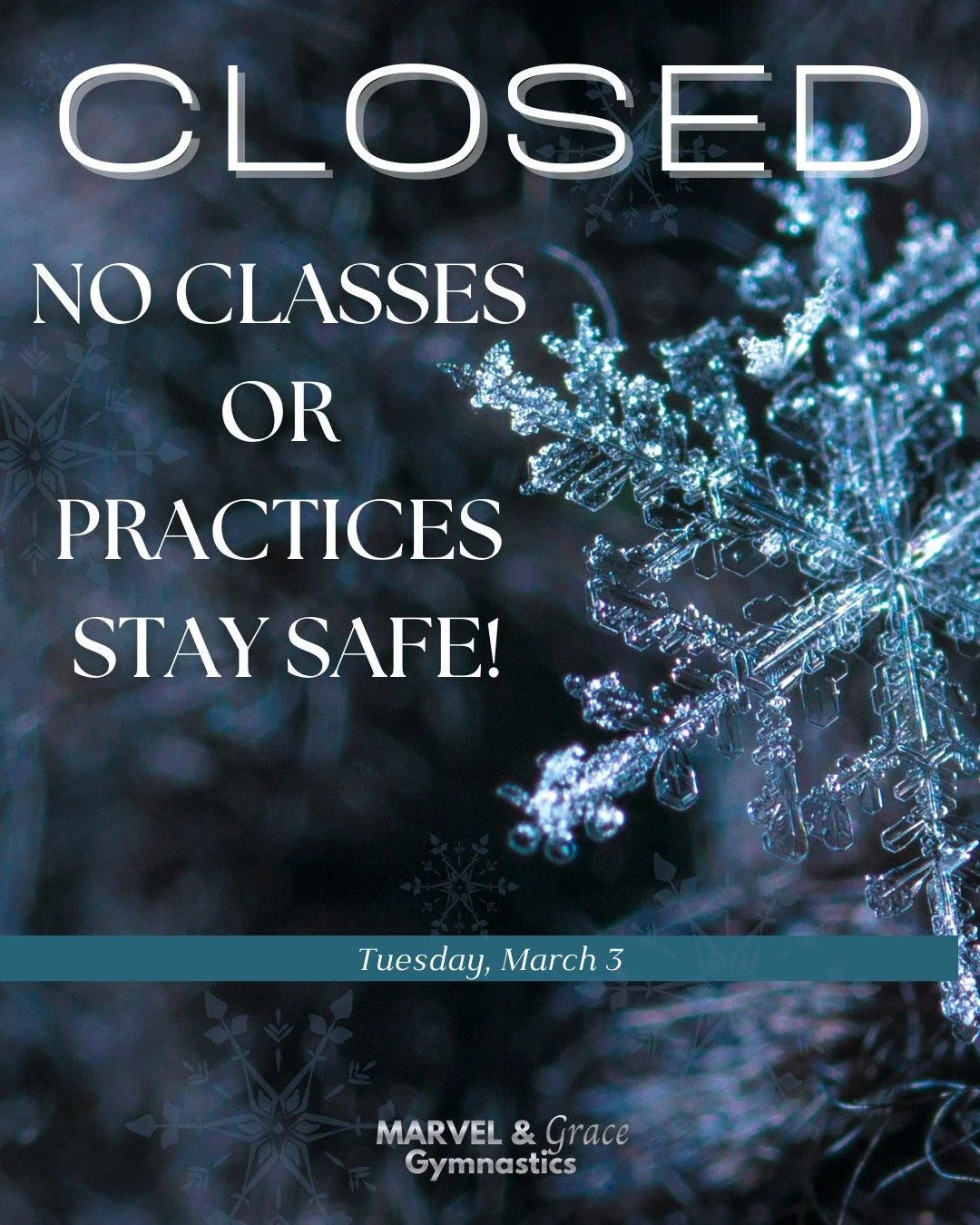 ⚠️ WINTER WEATHER UPDATE ⚠️

Due to the winter weather advisory and the impending freezing rain and icy conditions, Marvel &amp; Grace will be closed today, Tuesday, March 3rd. The safety of our clients and team is our top priority! Please stay safe!