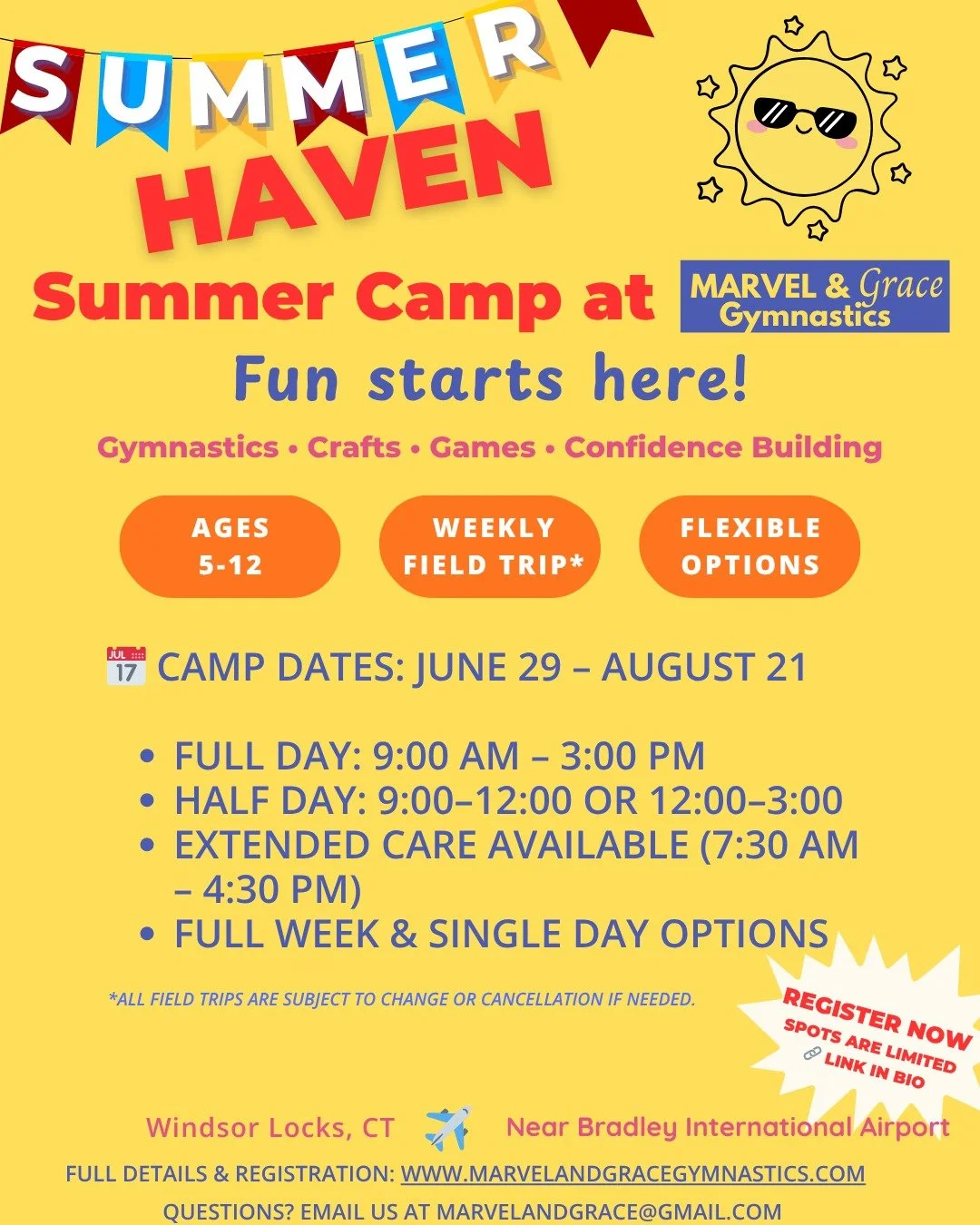 Summer Haven is officially OPEN for enrollment ☀️🤸&zwj;♀️

Join us for a summer full of gymnastics, games, crafts, and fun!

🎉 Limited-Time Offer:
Buy 1 full week, get a 2nd week 50% OFF
Valid through April 30

Spots are limited&mdash;don&rsquo;t w