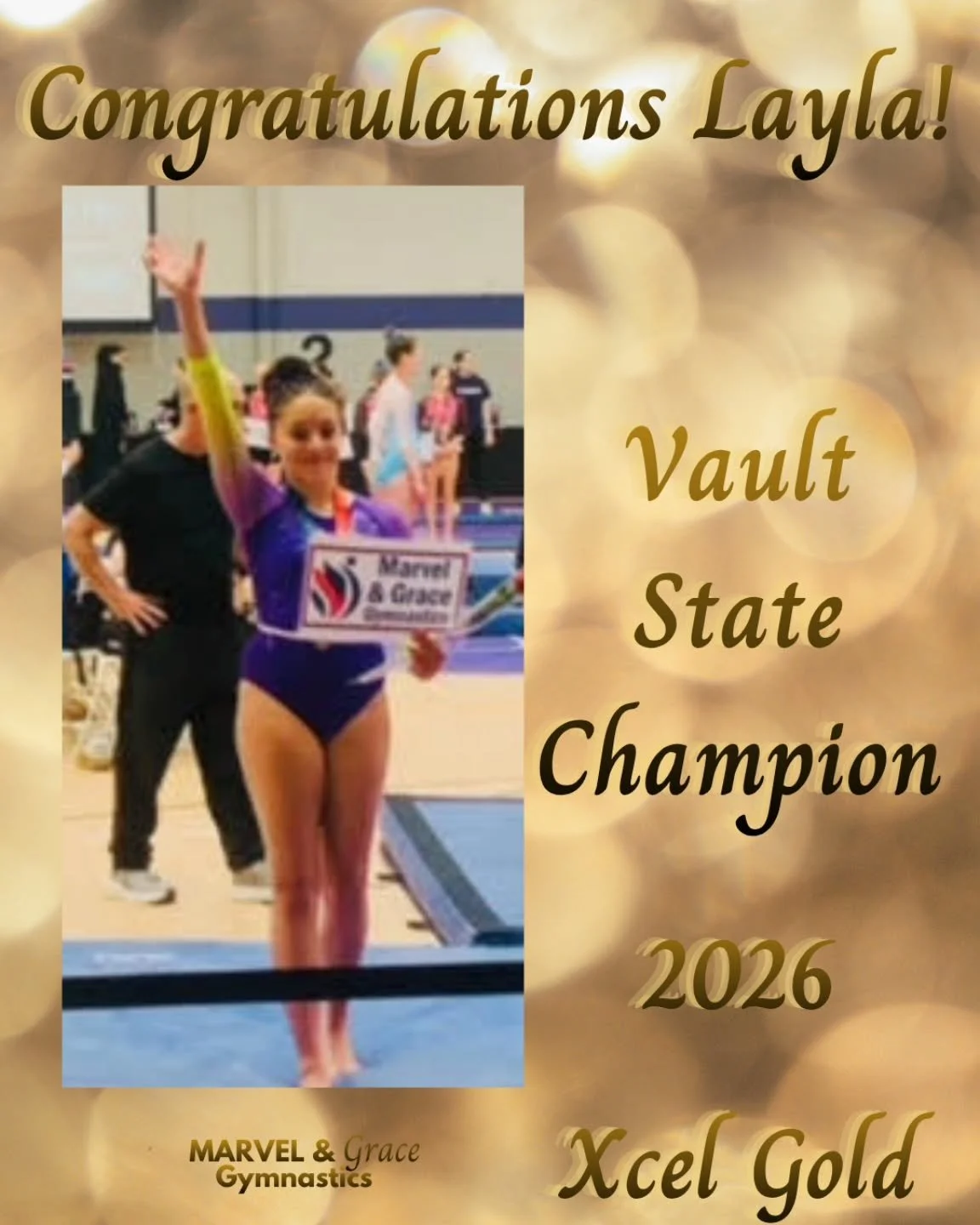 So proud of Layla for becoming Vault State Champion at the Xcel Gold State Championship Meet. 🏆🤸&zwj;♀️✨

She went out there and hit a great vault when it counted most. Such a great moment after all the hard work she&rsquo;s put in this season. 💙
