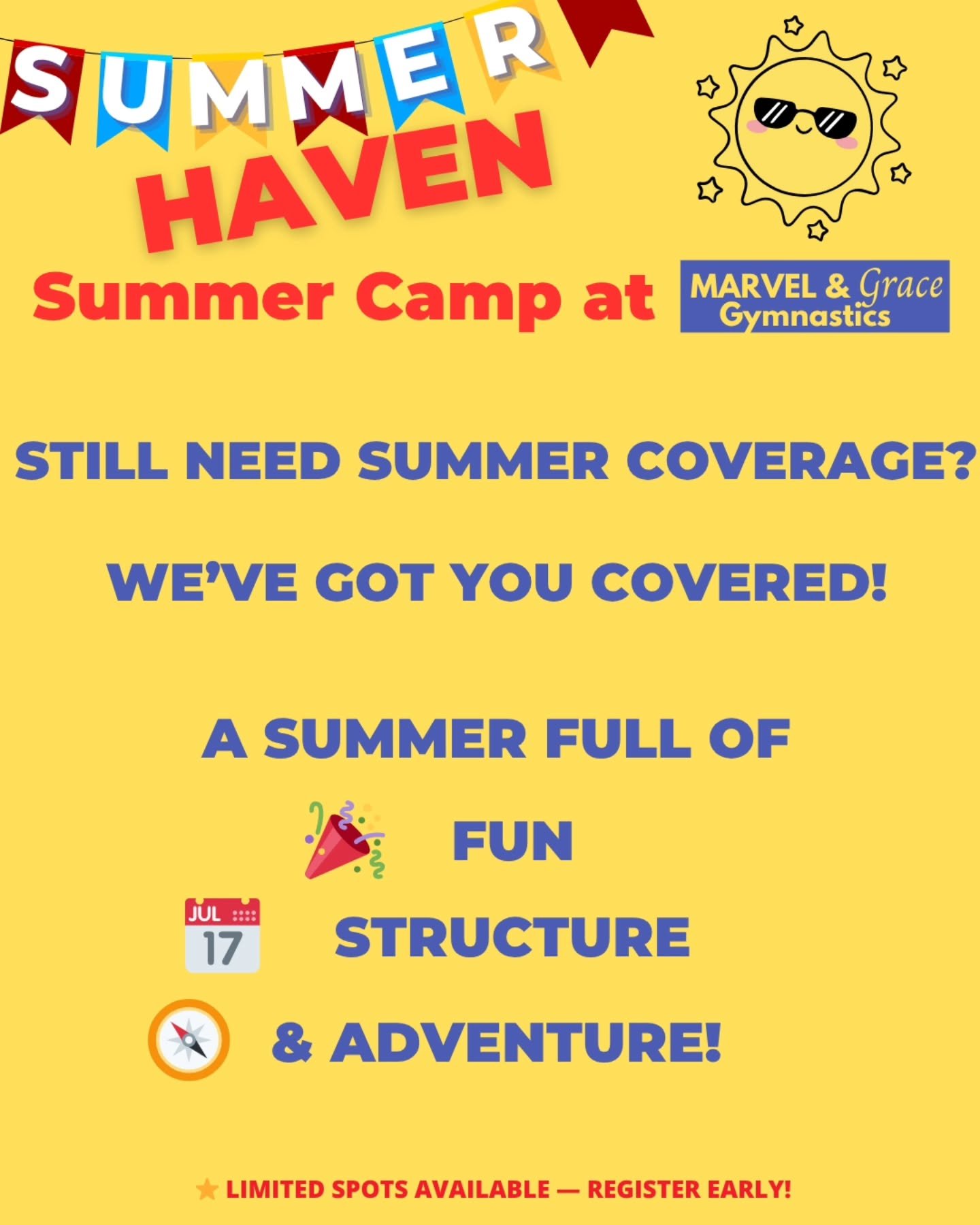 Still need summer coverage? We&rsquo;ve got you covered ☀️

We still have limited spots for our summer camp starting June 29!

Whether you need a few days, a few weeks, or full summer coverage, we offer flexible weekly enrollment to fit your schedule