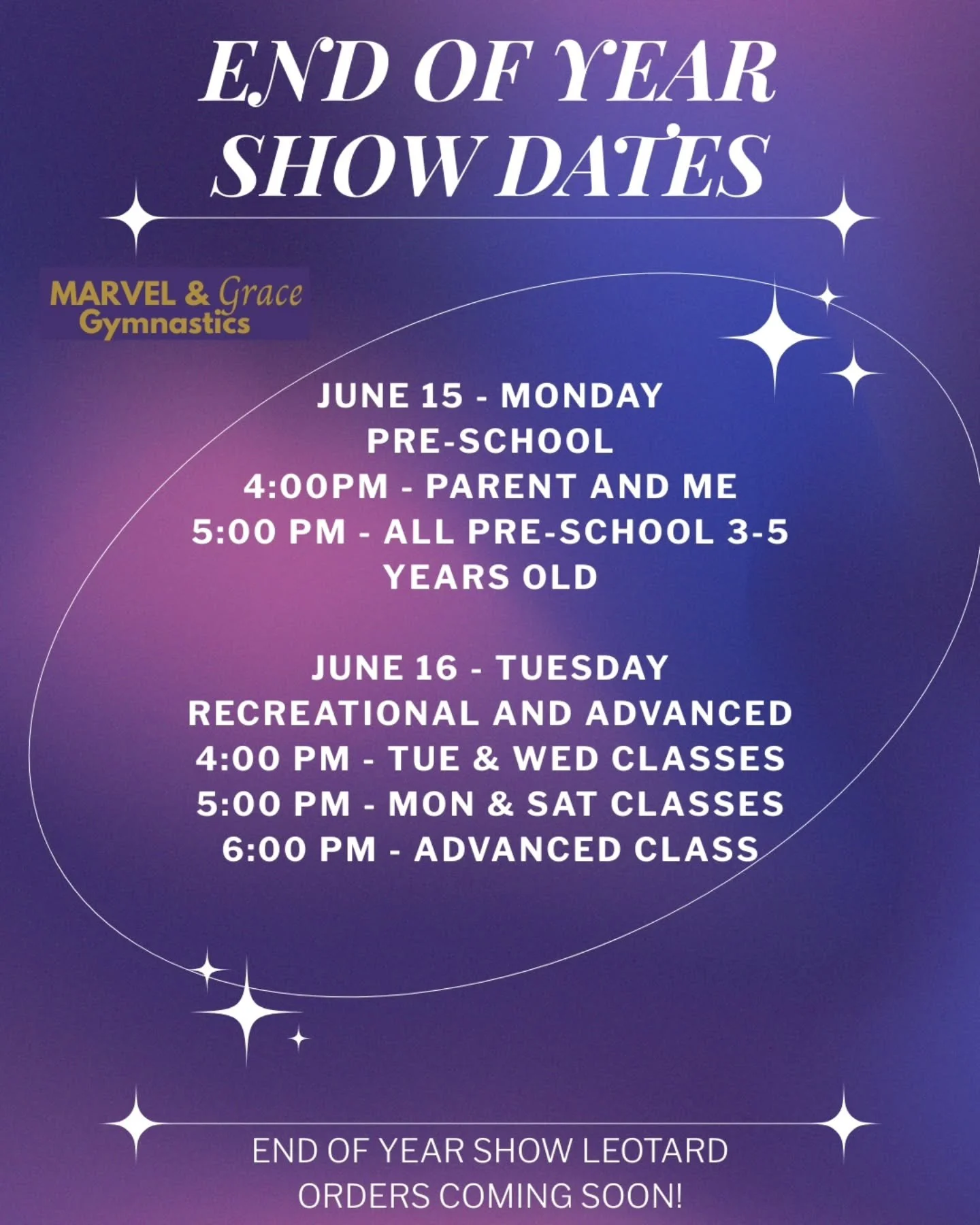 🌟 End of Year Showcase Dates are Here! 🌟

We&rsquo;re so excited to celebrate an amazing season with our annual End of Year Show! Mark your calendars:

📅 June 15 &ndash; Monday
Pre-School Classes
&bull; 4:00 PM &ndash; Parent &amp; Me
&bull; 5:00 