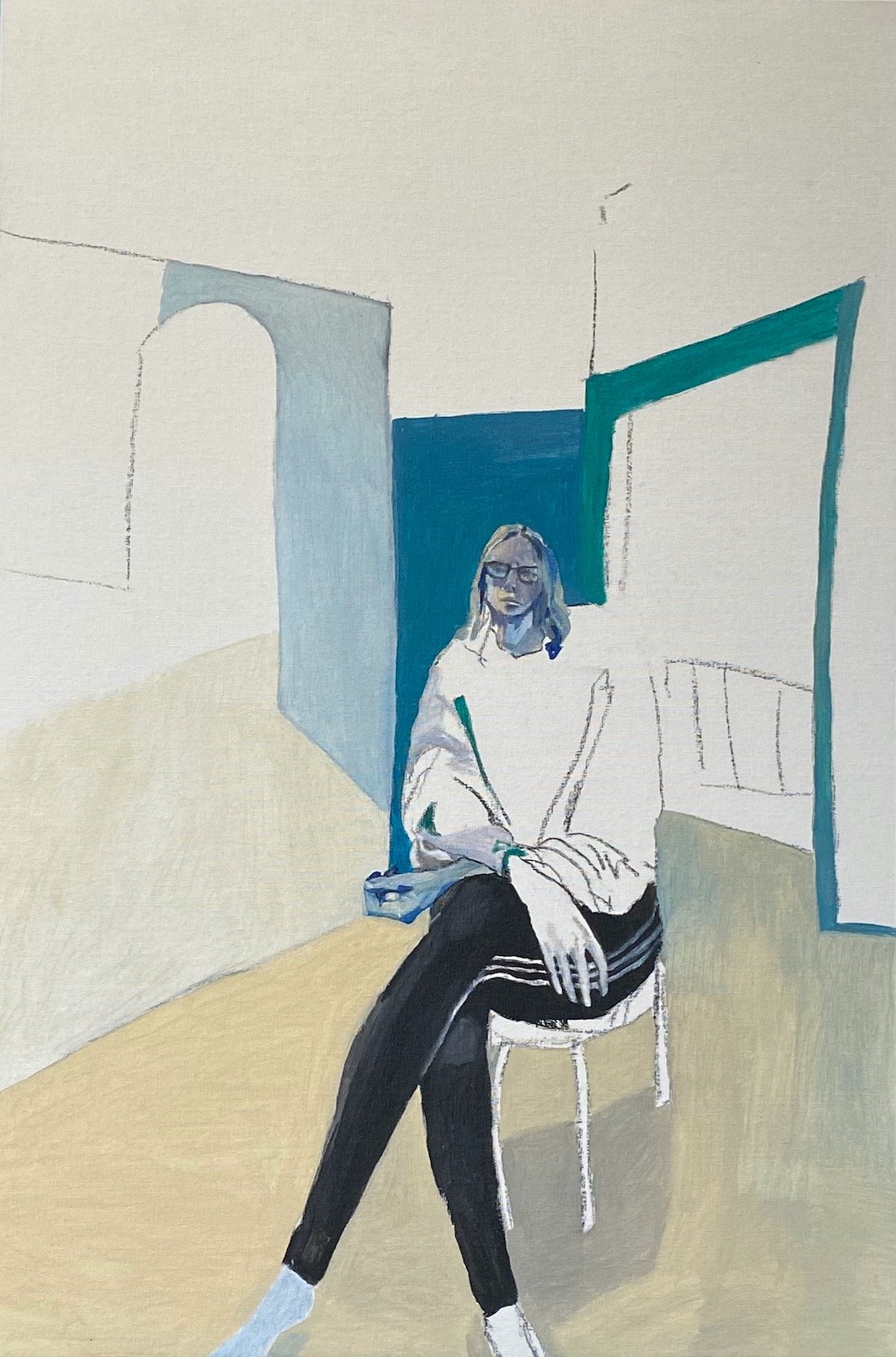 Self portrait, 2025, mixed media on canvas board, 505 x 750, available at artist's studio