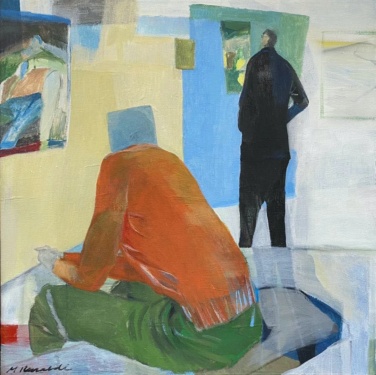 The artist and the critic, 2025, mixed media on stretched canvas, 600 x 600, kiaat box frame, available at artist's studio, R16 000