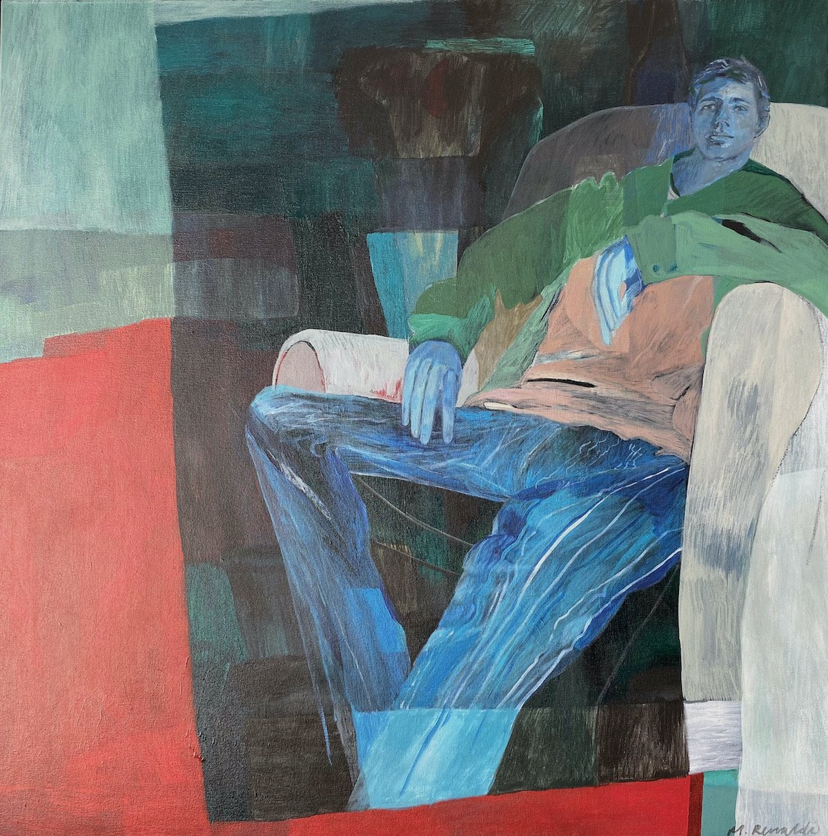 Young man on wingback, 2025, acrylic on stretched canvas, 1000 x 1000. available at artist's studio