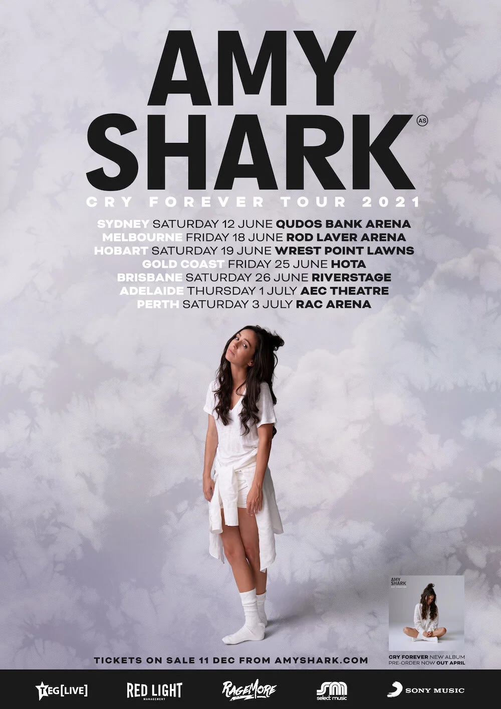 AMY SHARK ‘CRY FOREVER’ TOUR 2021Saturday 12 June 2021 | Sydney | Qudos Bank ArenaFriday 18 June 2021 | Melbourne | Rod Laver ArenaSaturday 19 June 2021 | Hobart | Wrest Point LawnsFriday 25 June 2021 | Gold Coast | HOTASaturday 26 June 2021 | Brisb…