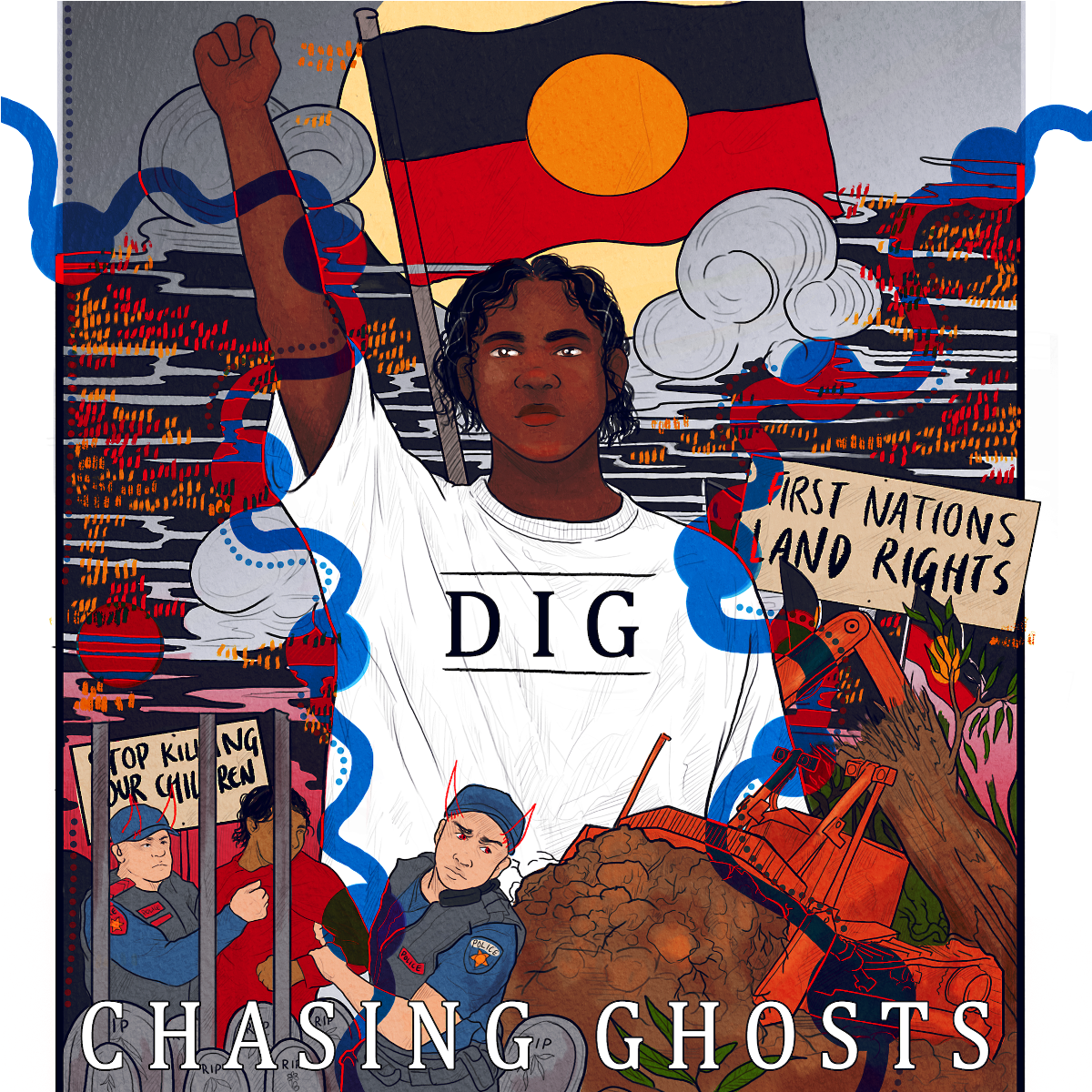 Cover art by Charlotte Allingham @coffinbirthDeadly quotes from media 2021  Wall of Sound “When it comes to addressing indigenous affairs in the music scene, no one does it quite like Chasing Ghosts frontman Jimmy Kyle.”  Rolling Stone -“’Summer’ on track to be one of the most powerful entries in their discography to date.”  The Guardian “Australia’s best new music for February...weaving English with his native tongue, and delivering a powerful punk song with sugary hooks and a thrilling momentum that belie the horrors of such a massacre".  The Partae “’Summer’ is one hell of an amped track with a beat that drives so strong it has the legs to keep rockin’ all Summer long.  Scenezine “Every track on the forthcoming EP is about real people and real situations, all of them born from intense real-life stories”.  Hysteria Mag “Jimmy Kyle honestly admitted that he “was scared to write these songs.” Watch the video for Summer below