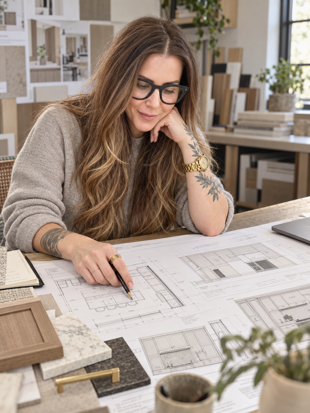 Interior designer Samena Hart reviewing kitchen elevation drawings and finish samples for a Vancouver renovation