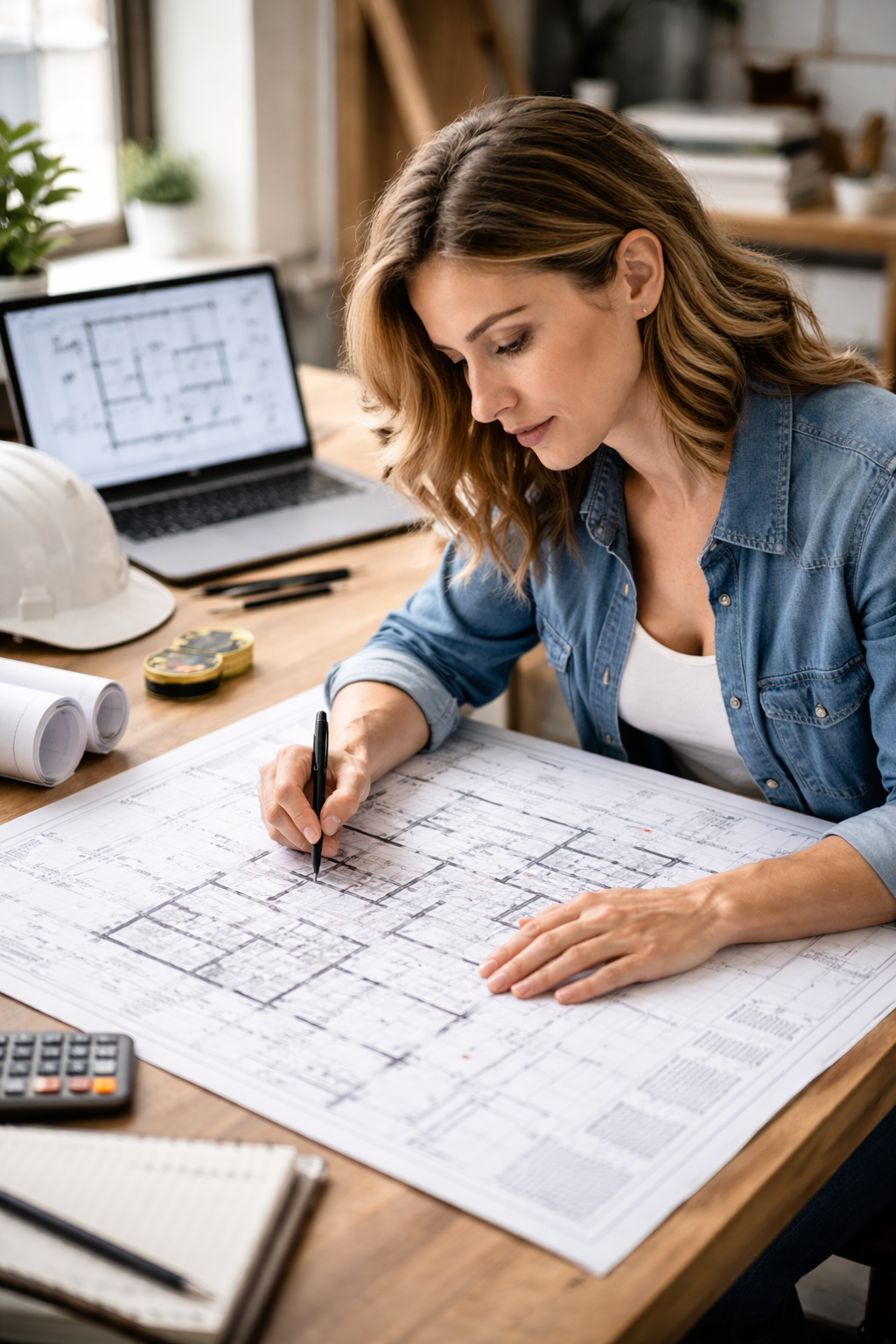 Designer reviewing Vancouver condo renovation drawings at kitchen table.