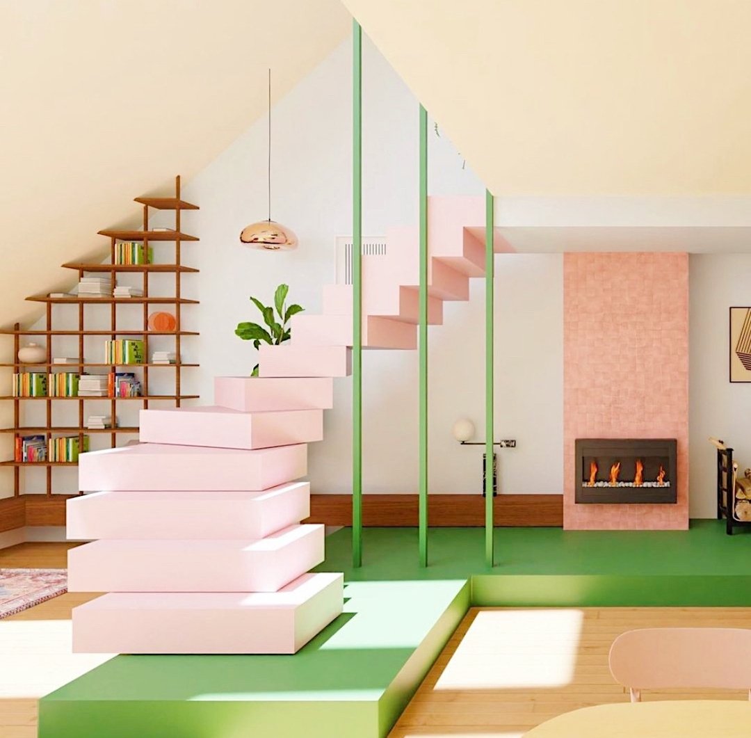 How about a little colorful inspiration going into your weekend. 
This design by @studiocoloros_cds for a loft duplex development in France. 

With it's pink block stairs that pop against the backdrop of a two-story pink fireplace, an audacious yet u