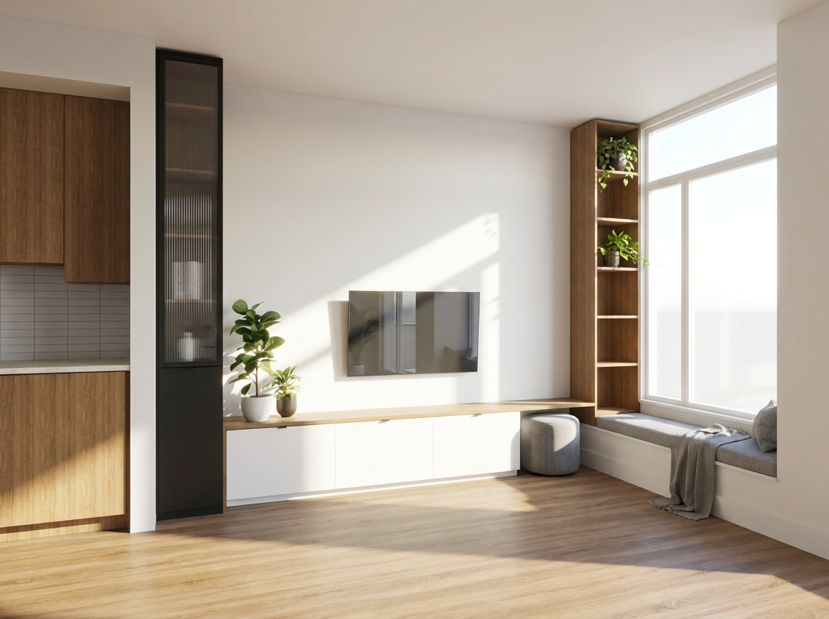 North Vancouver custom millwork by HART HOUS - built-in feature wall millwork designed to make a previously unfinished wall feel finished, functional, and beautiful in a small space.