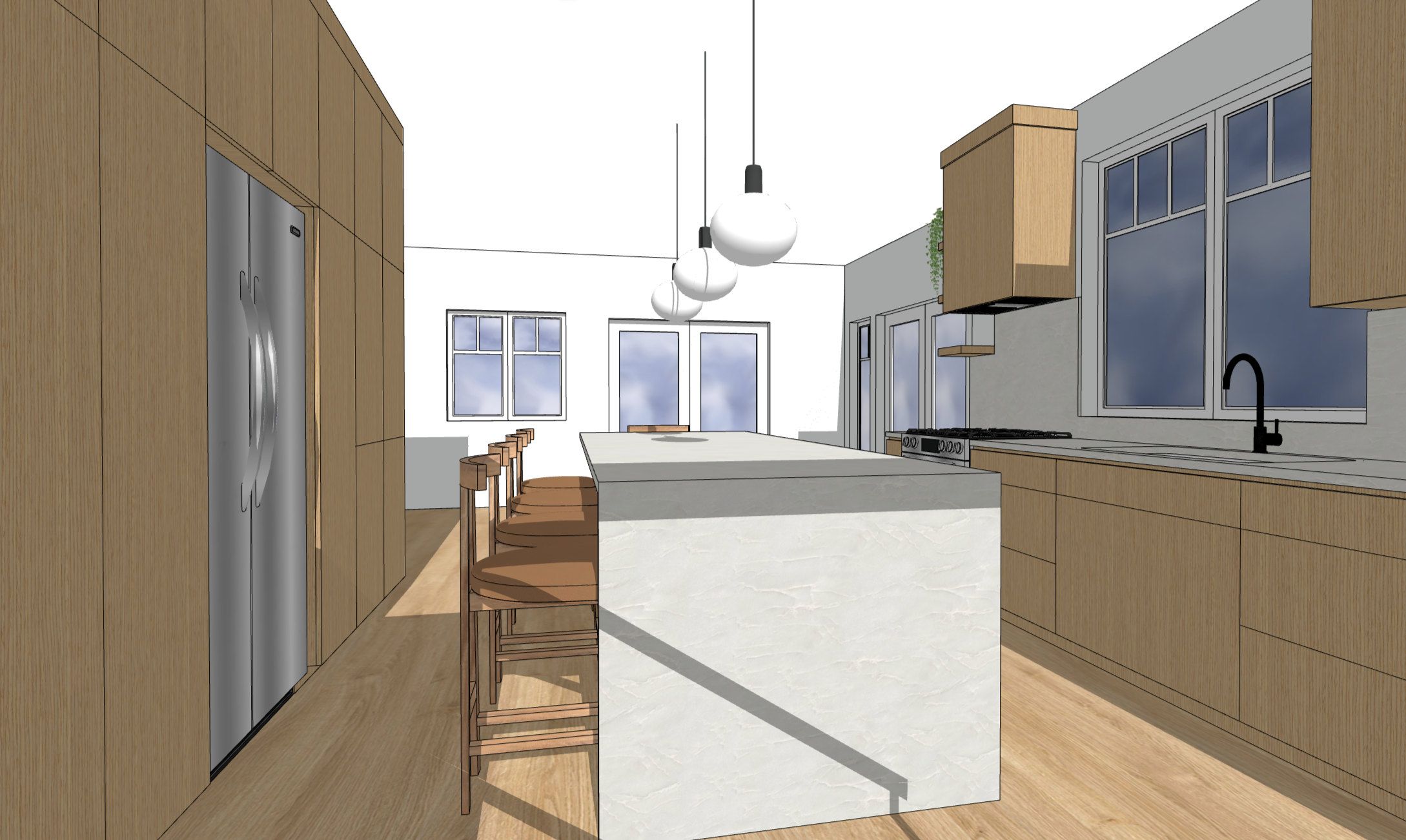 Minimalist kitchen island with quartz waterfall countertop and wood stools