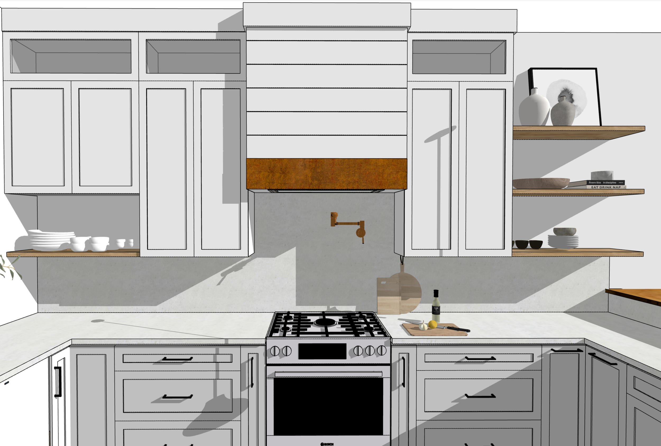 In Victoria, BC, HART HOUS created a West Coast-inspired kitchen with subtle two-tone cabinets, a bold copper hood vent, and a custom maple live-edge countertop—tying natural warmth with coastal style for a fresh, timeless feel.