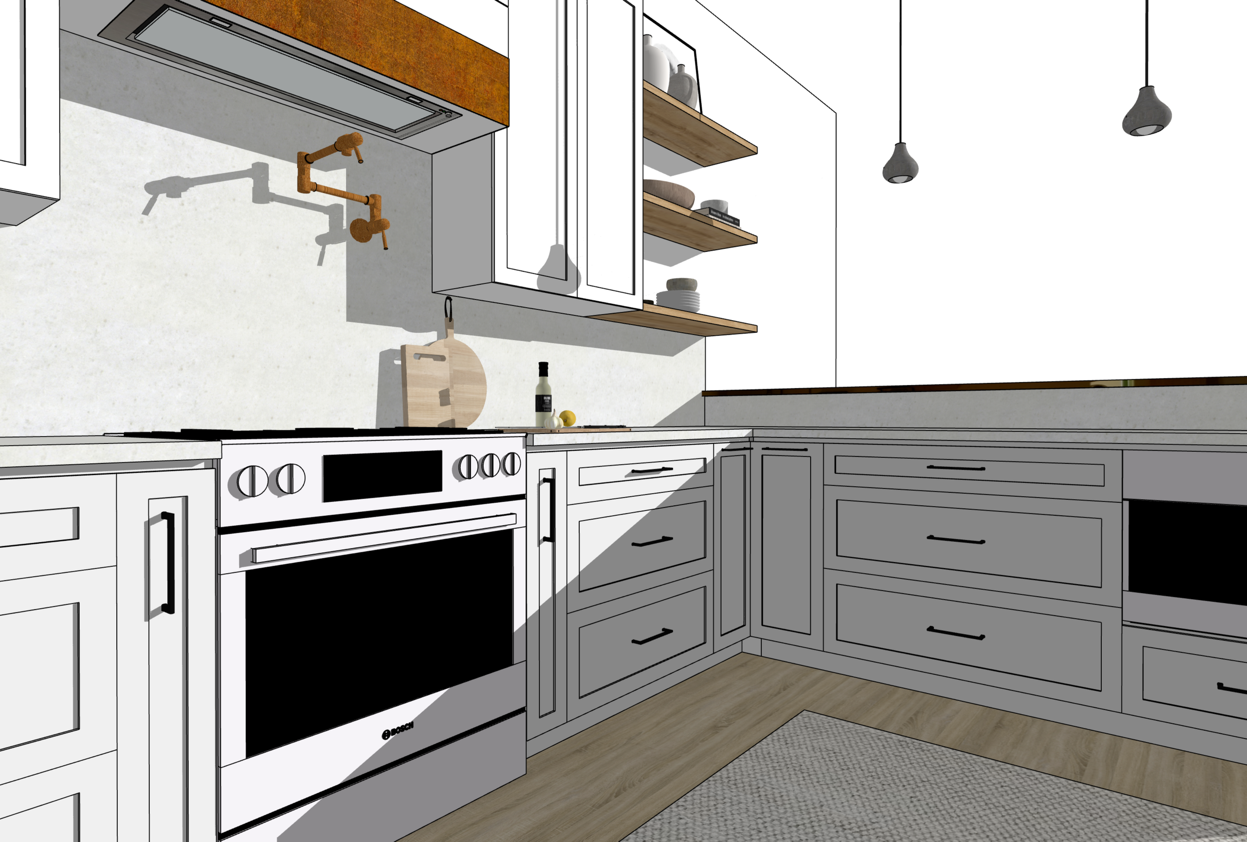 In Victoria, BC, HART HOUS created a West Coast-inspired kitchen with subtle two-tone cabinets, a bold copper hood vent, and a custom maple live-edge countertop—tying natural warmth with coastal style for a fresh, timeless feel.