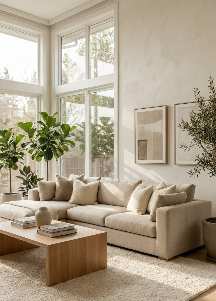 Modern Vancouver new build living room with neutral sofa and large windows
