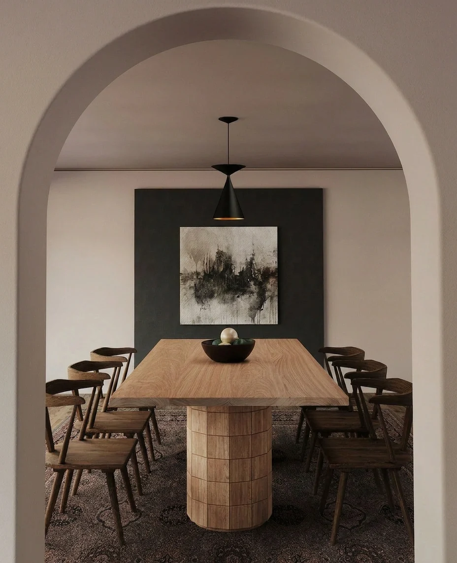 Union Wood Co. solid wood dining table styled in a Vancouver living room