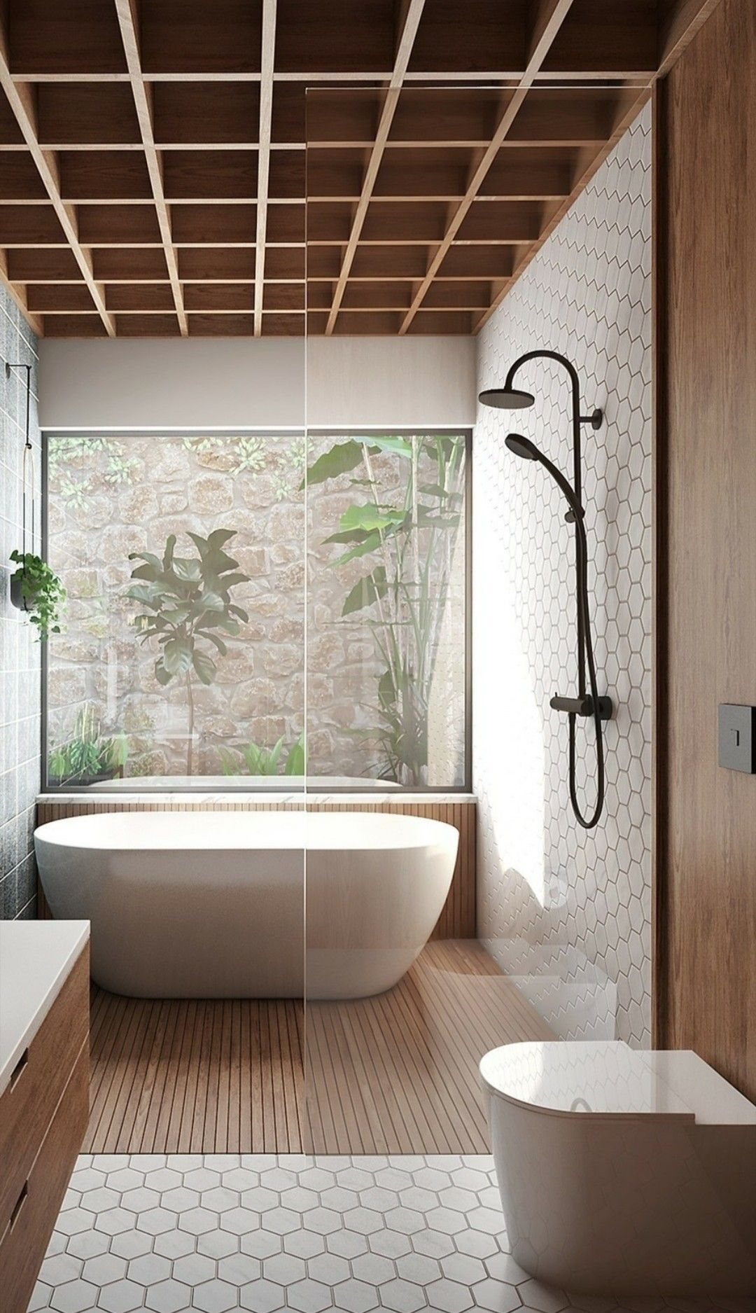 Spa-inspired wet room bathroom with teak accents and frameless glass in a Kitsilano character home renovation