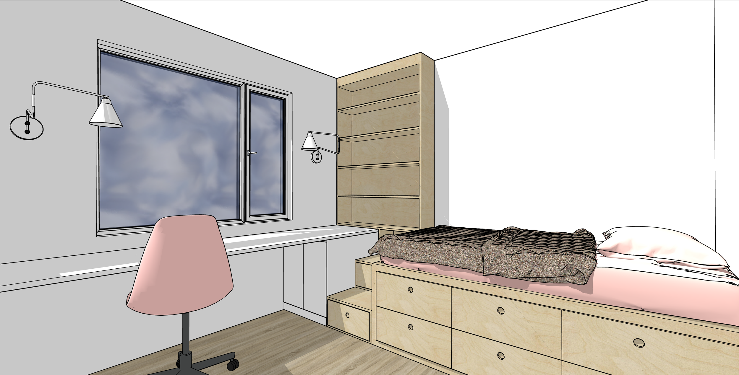 Custom bookcase and cabinet millwork in kids’ bedroom, Vancouver Island