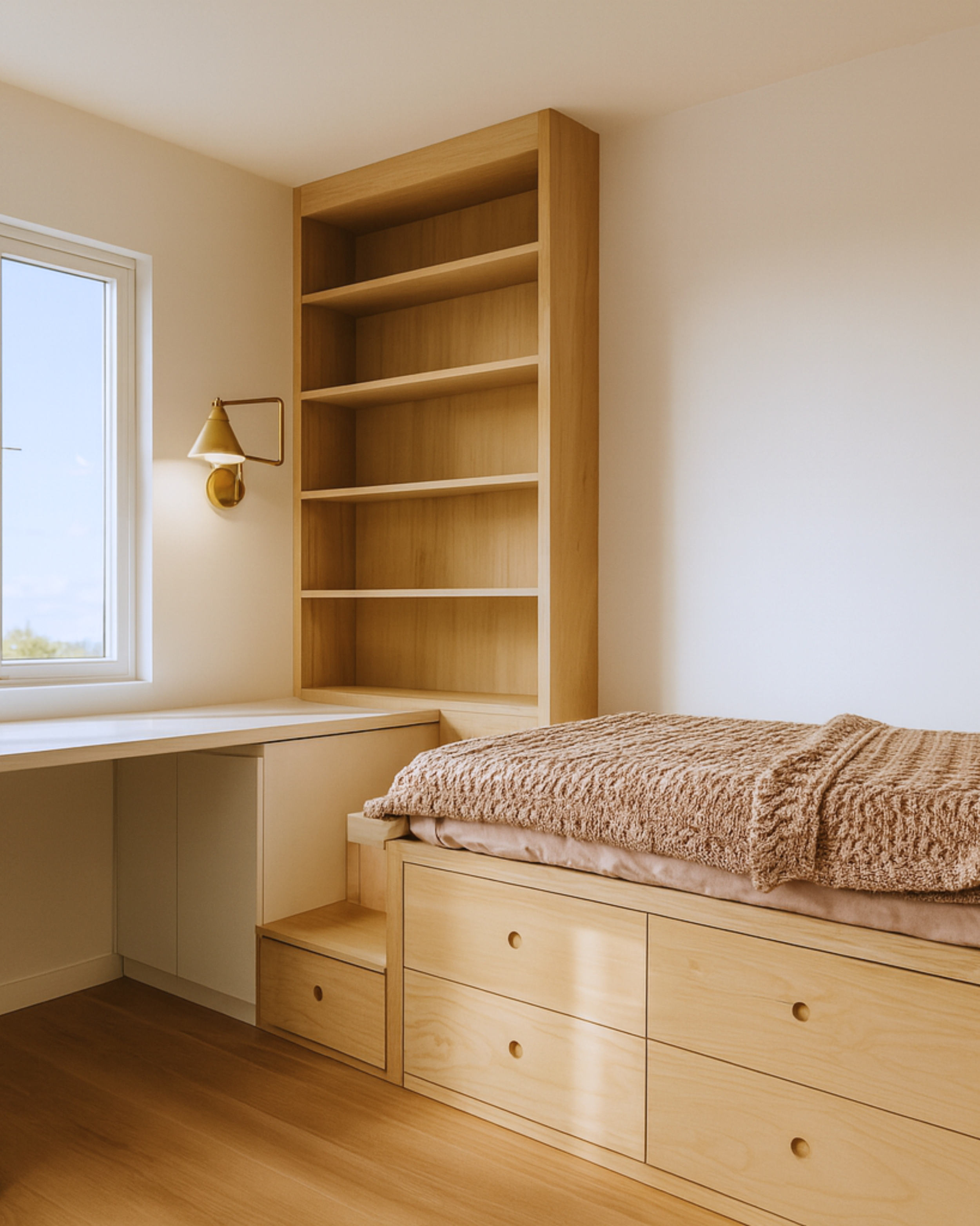 Custom bookcase and cabinet millwork in kids’ bedroom, Vancouver Island