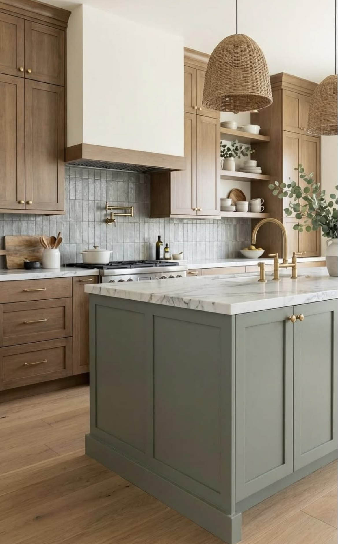 Evergreen lacquered kitchen island against warm oak cabinetry in a Kitsilano home