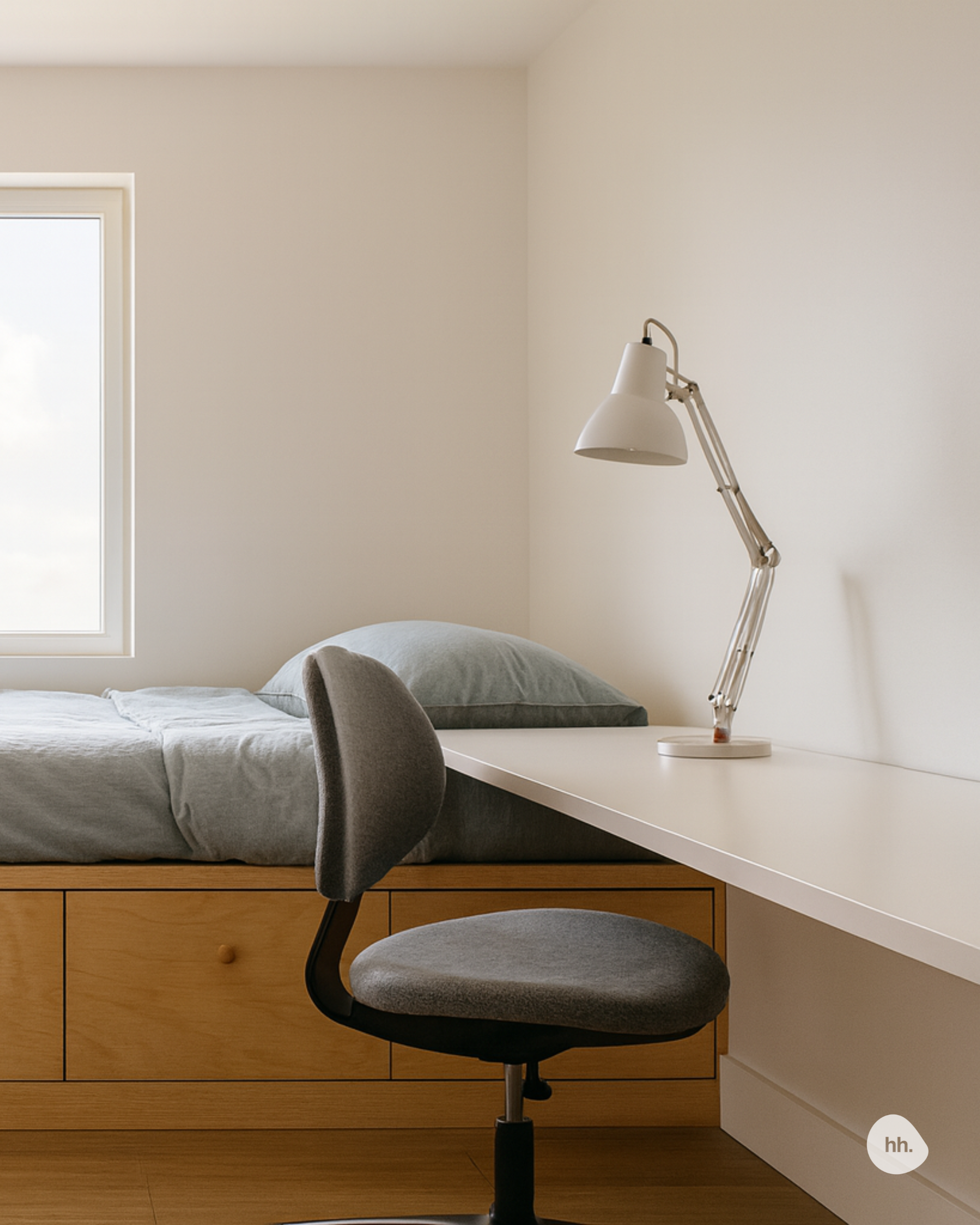 Bedroom storage drawers built into custom millwork for a small kids’ room, Cordova Bay BC