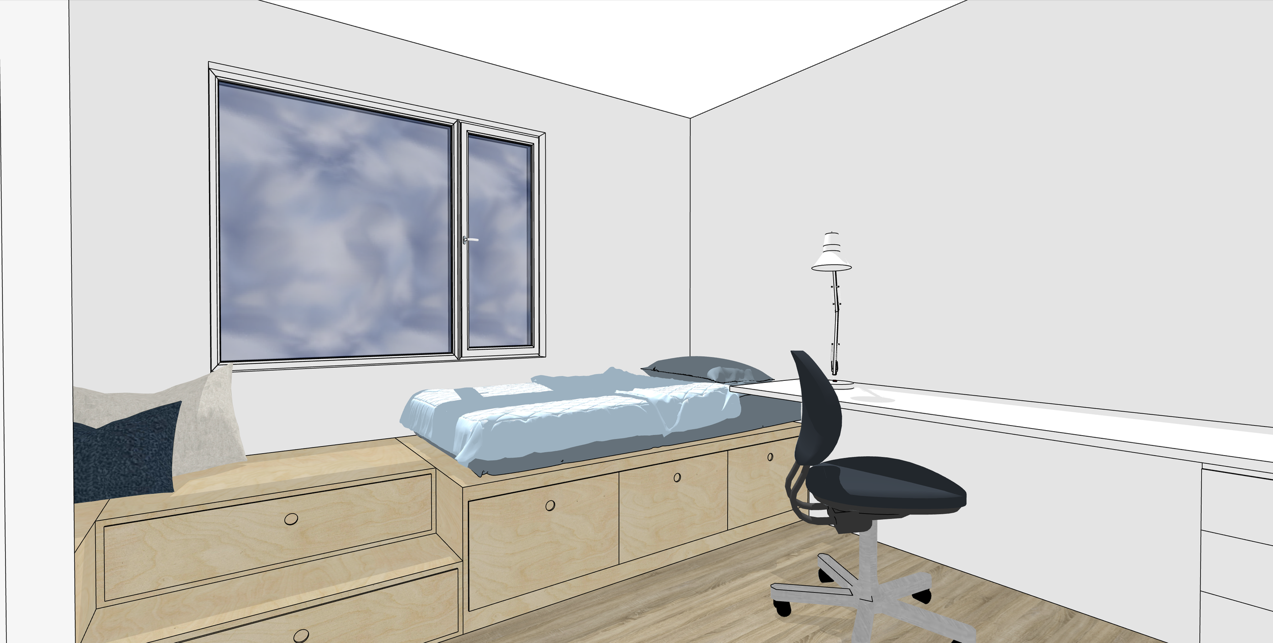 Kids’ bedroom reading nook with built-in millwork storage, Cordova Bay BC