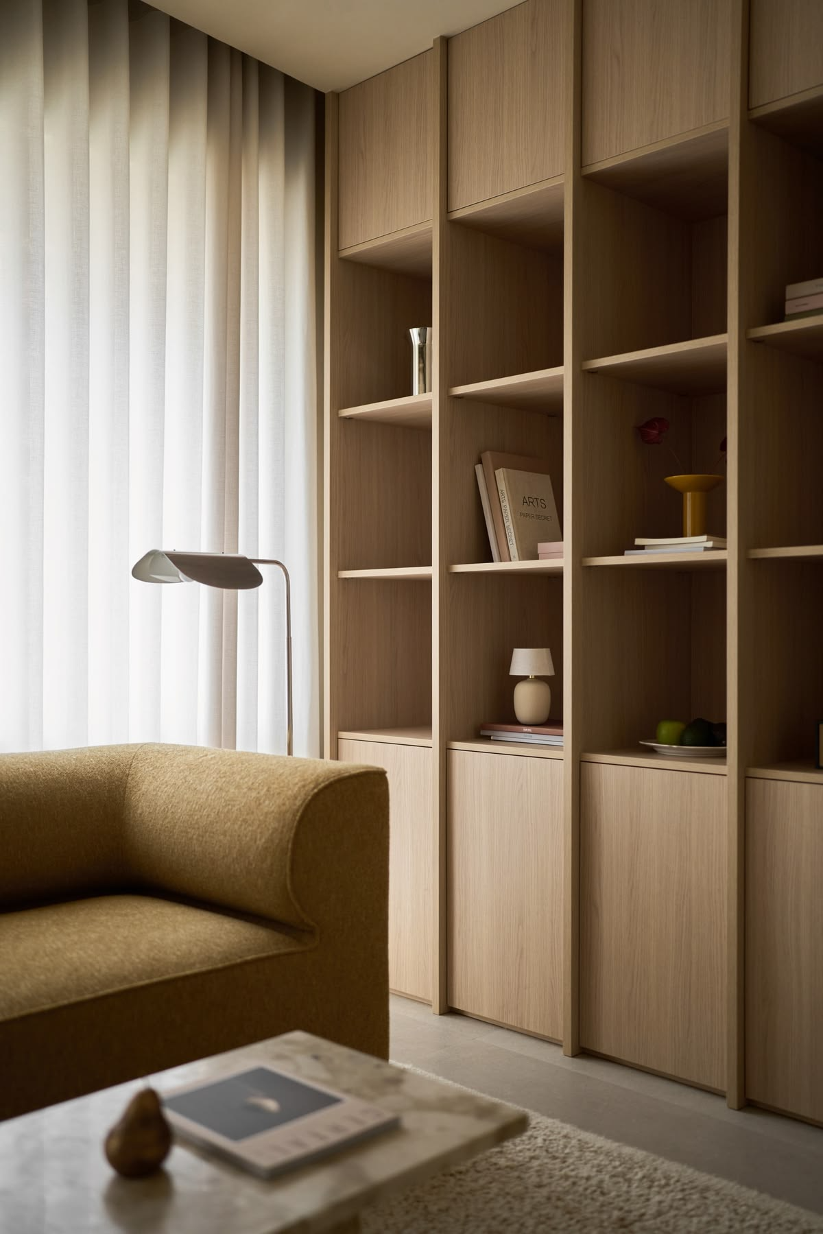 Vancouver condo living room styled through an e-design package, showing furniture and finish plan