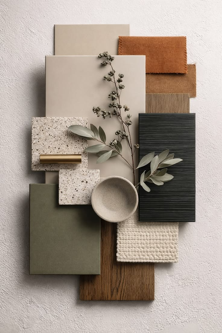 Design mood board with tile, stone, and paint selections for Vancouver home