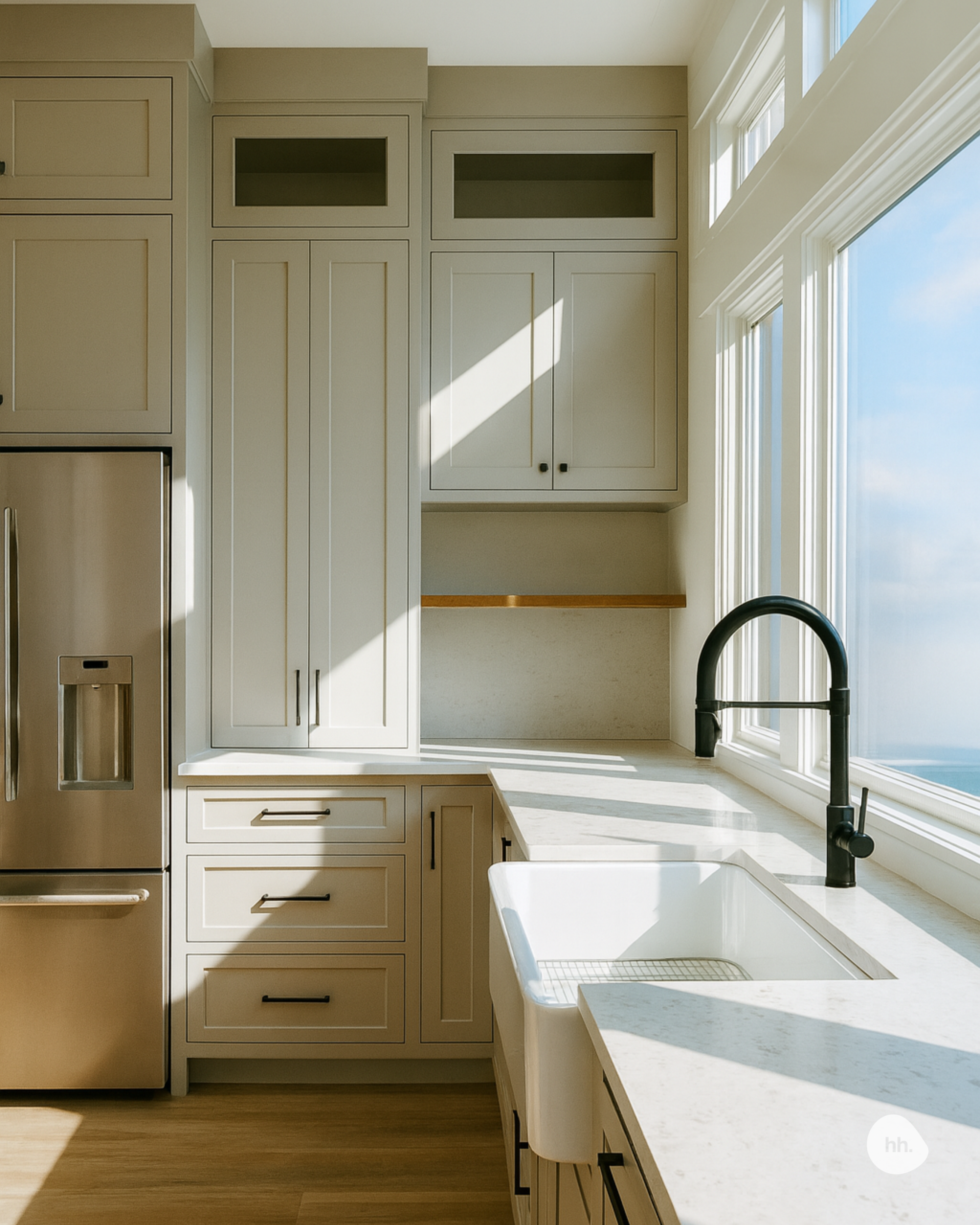 Modern West Coast kitchen in Cadboro Bay featuring warm wood tones, quartz counters, and coastal style.