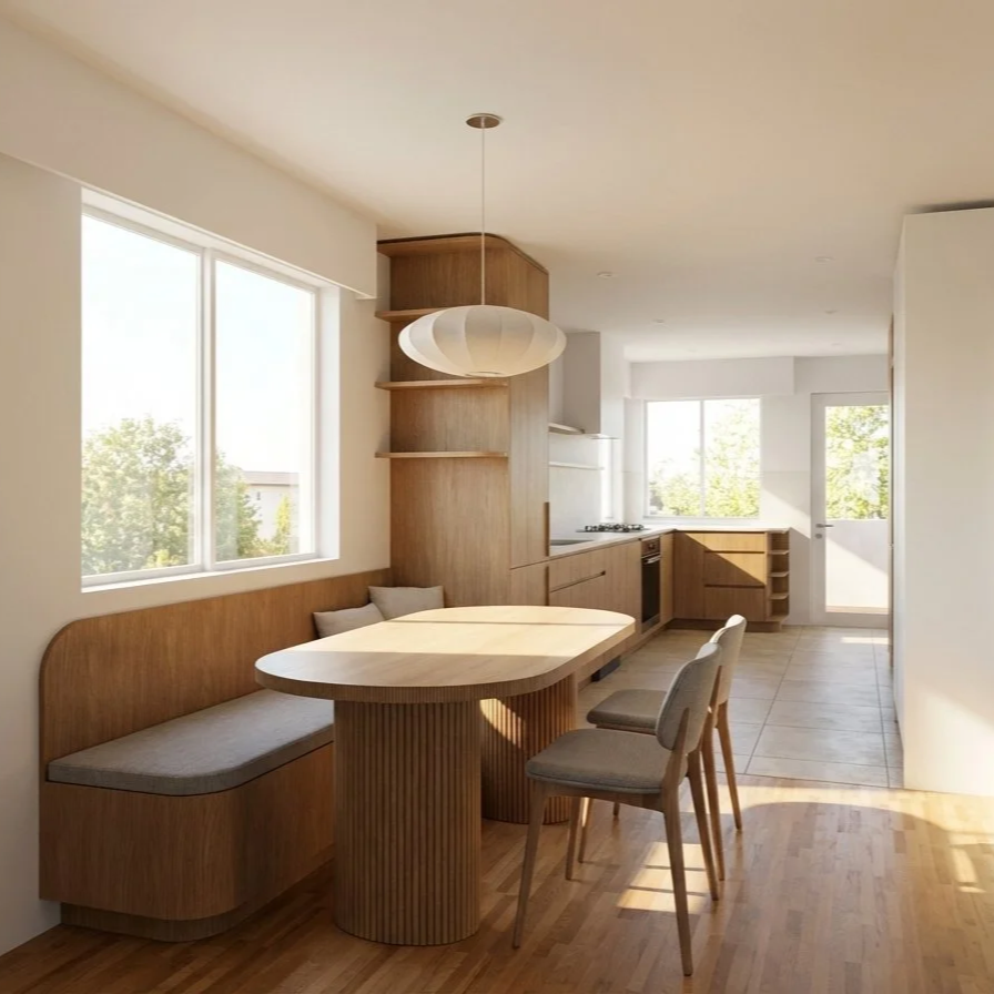 Custom kitchen renovation with integrated dining, East Vancouver — HART HOUS interior designer Vancouver BC