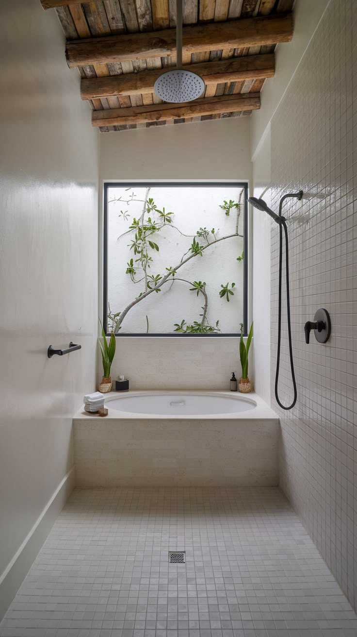 Wet room bathroom with small-format stone tile and linear drain in a Vancouver West Coast modern home