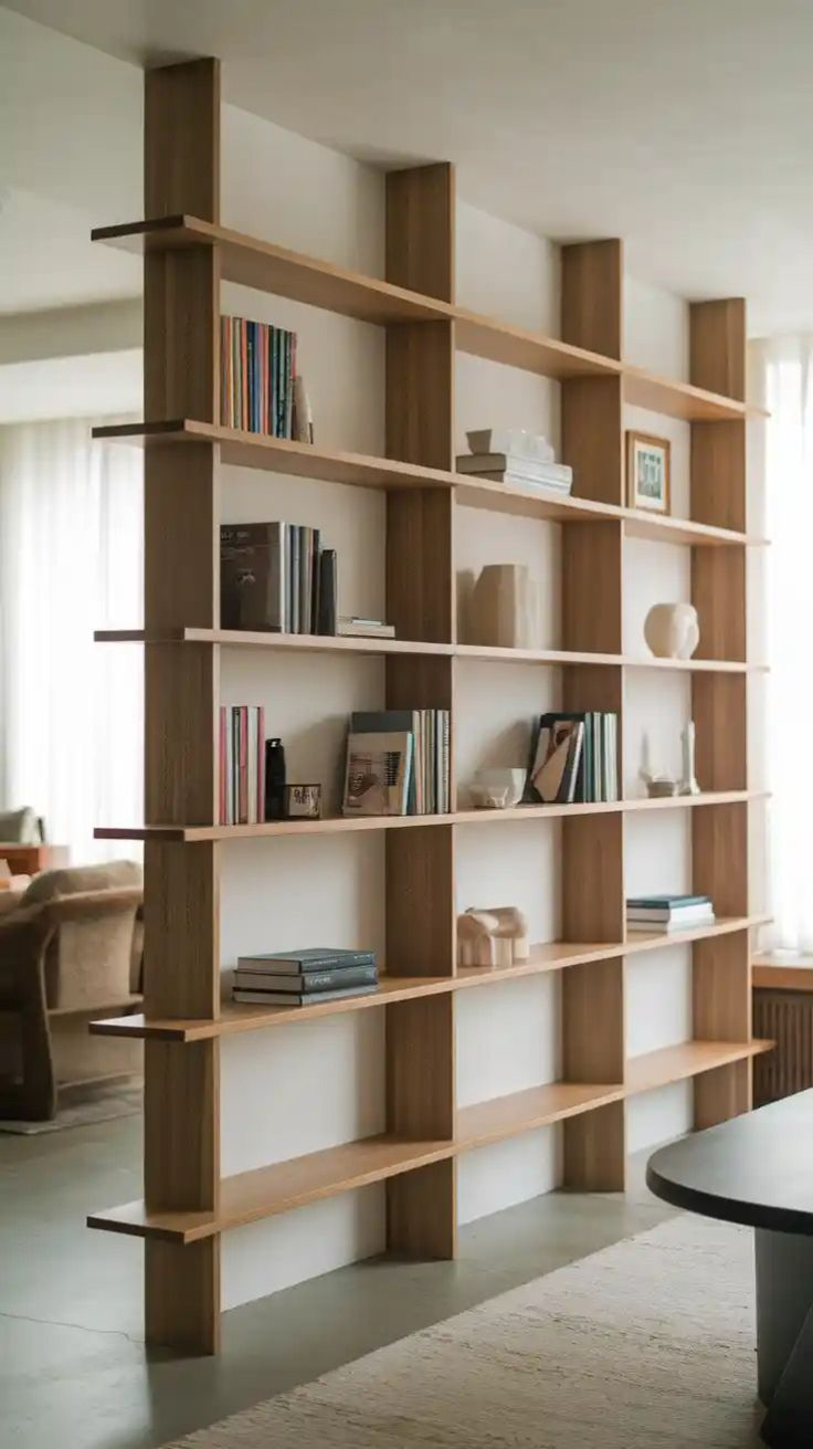 Small Vancouver condo living room with vertical shelving and large mirror