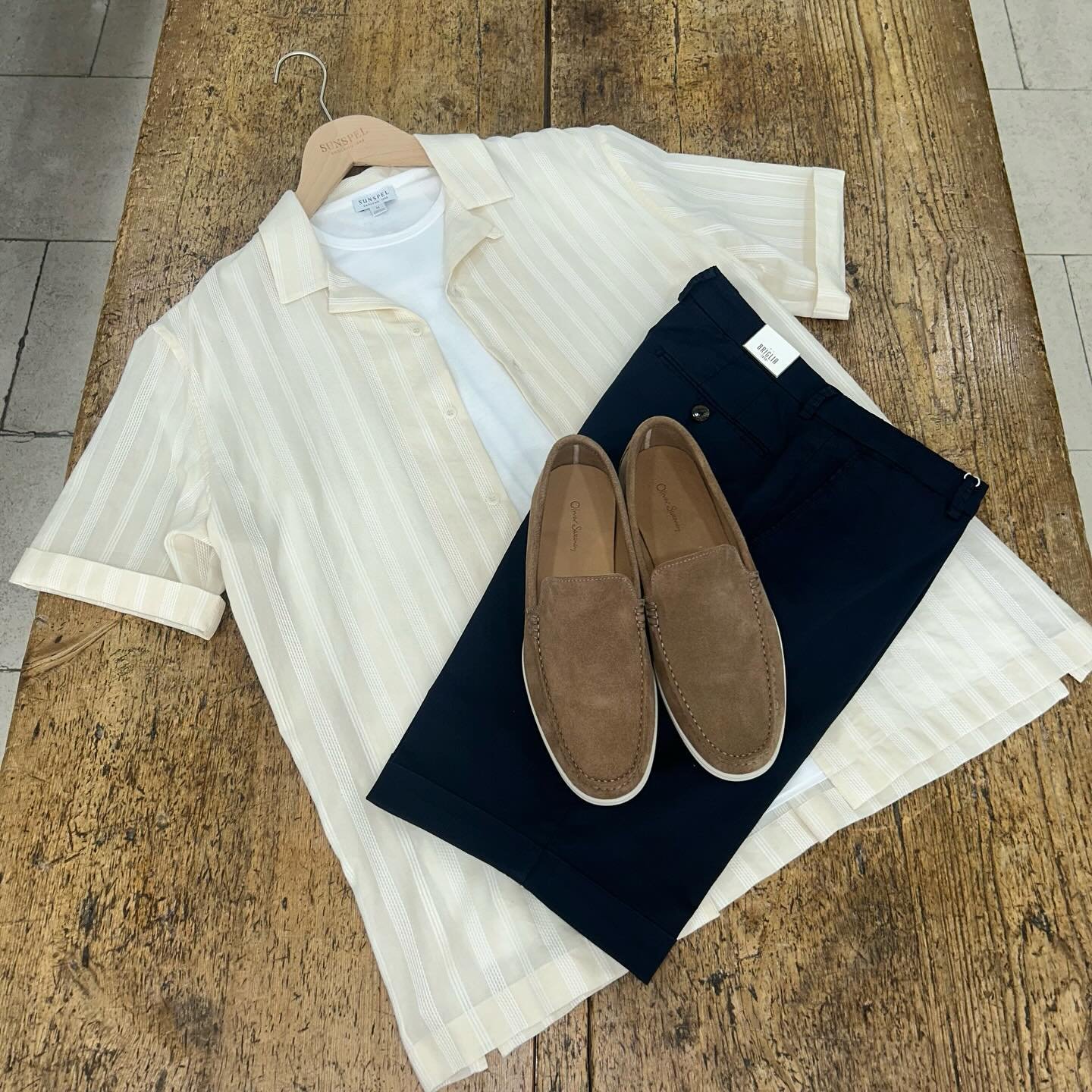 With the weather finally brightening up and the weekend fast approaching Jack has put together your summer garden party outfit. Starting Sunspel up top with a relaxed camp collar shirt over a classic Sunspel tee, paired with a slim fit, made in Italy