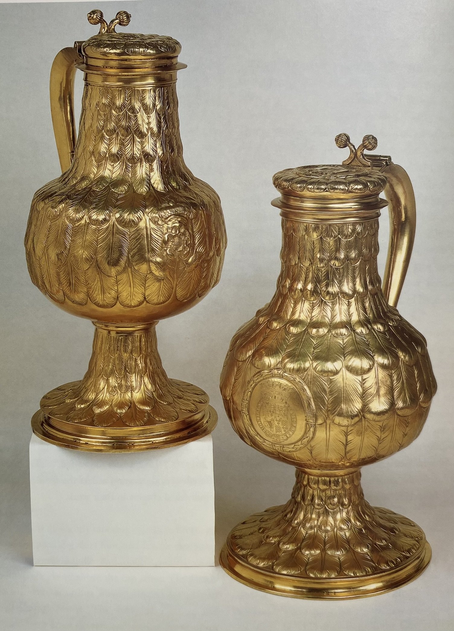 Pair of Feathered Flagons - communion wine jugs with distinctive shaped bellied bodies