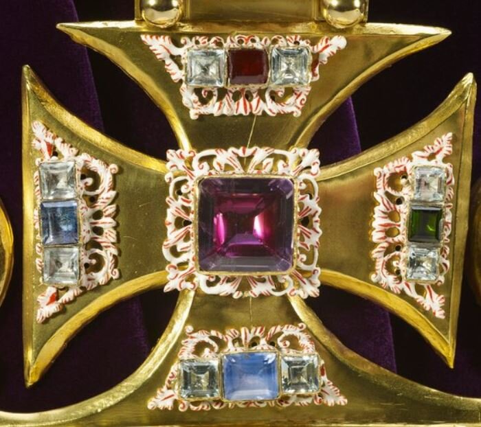 St. Edward's Crown showing the details of its gems in different colors.