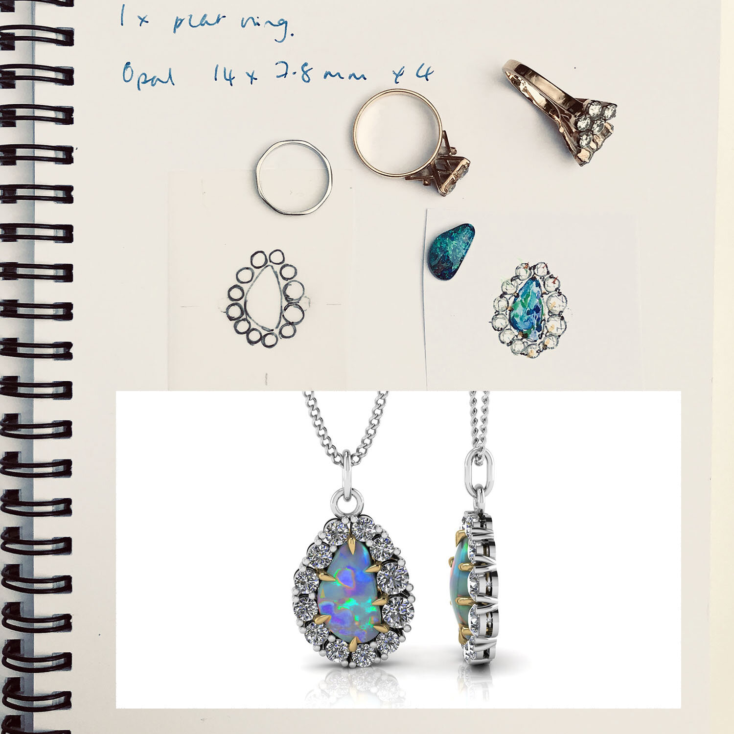 Working notes, source pieces &amp; final design for my client’s boulder opal