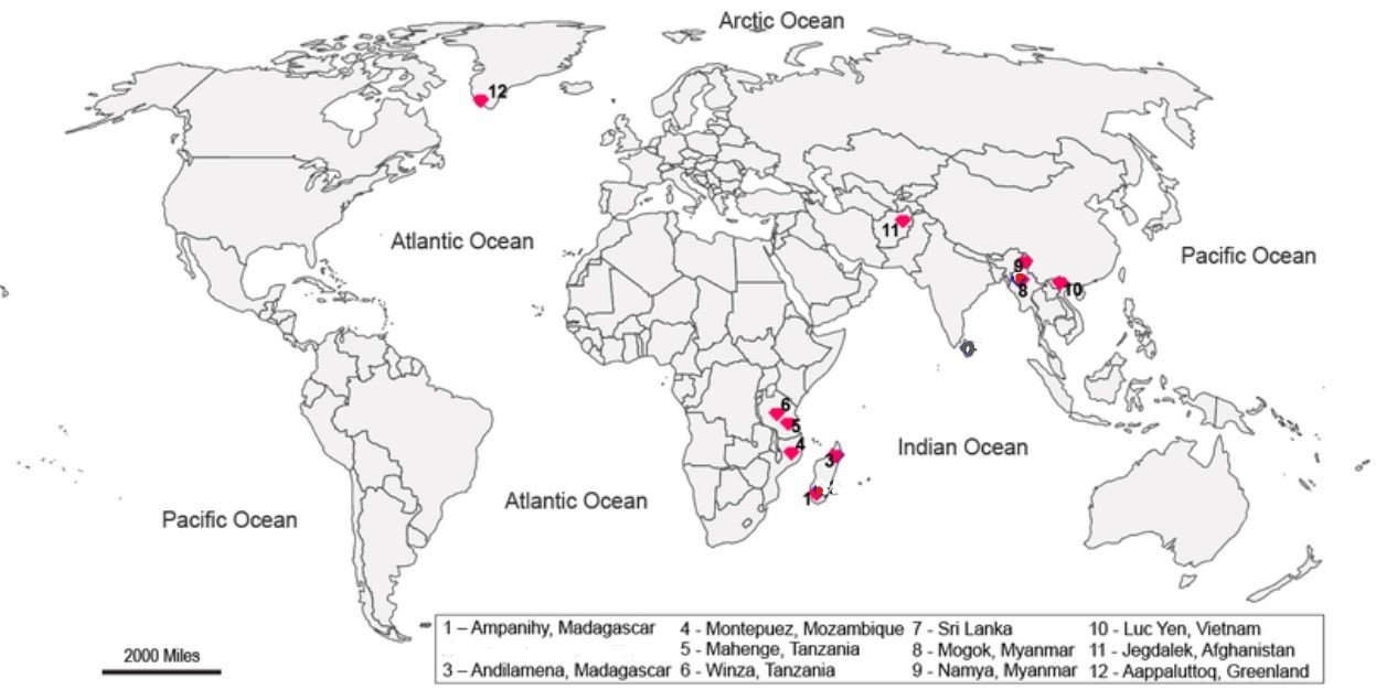 Map of major ruby mines of the world.