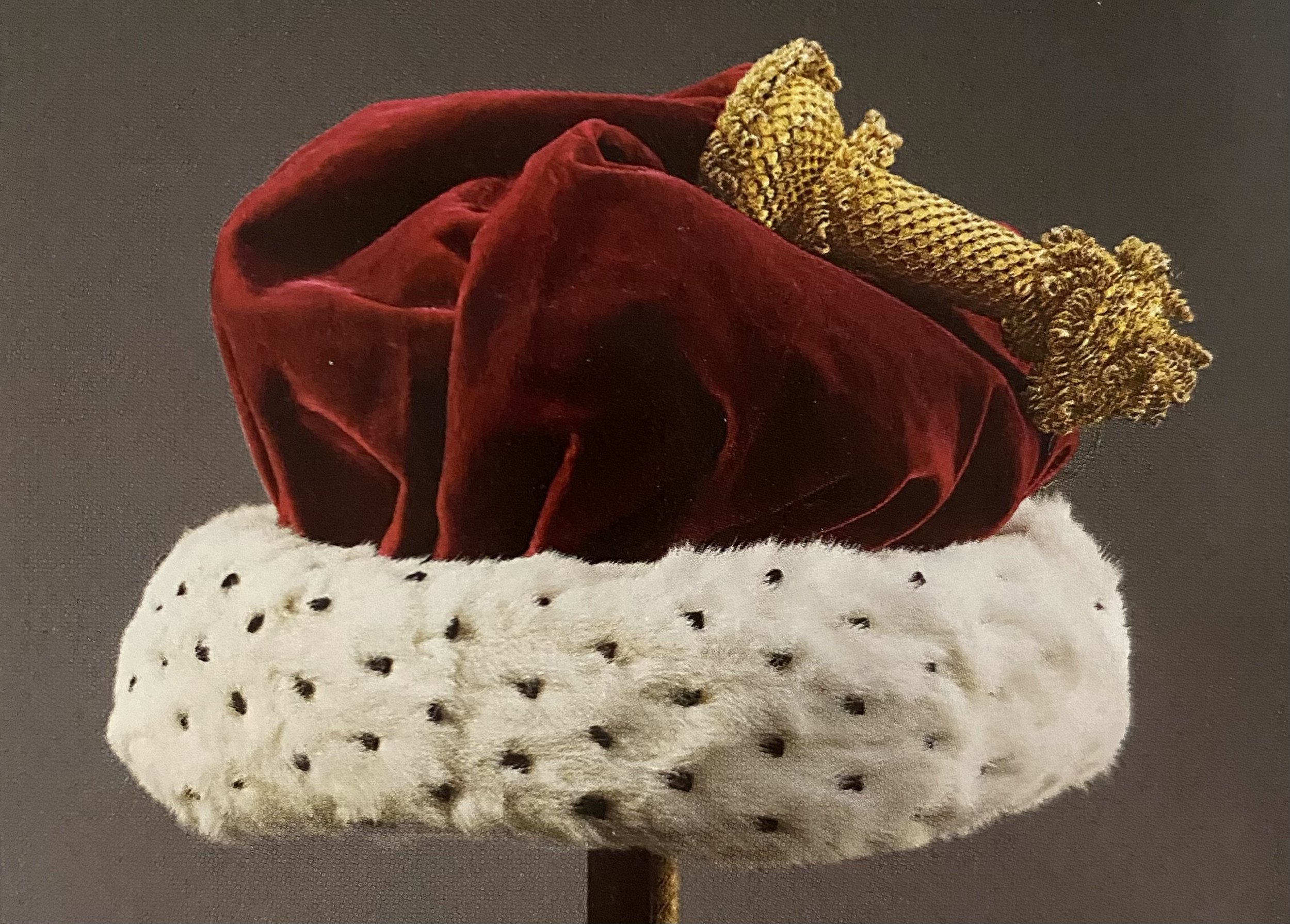 Cap of maintenance - crimson red with wide ermine trim and large gold thread pommel
