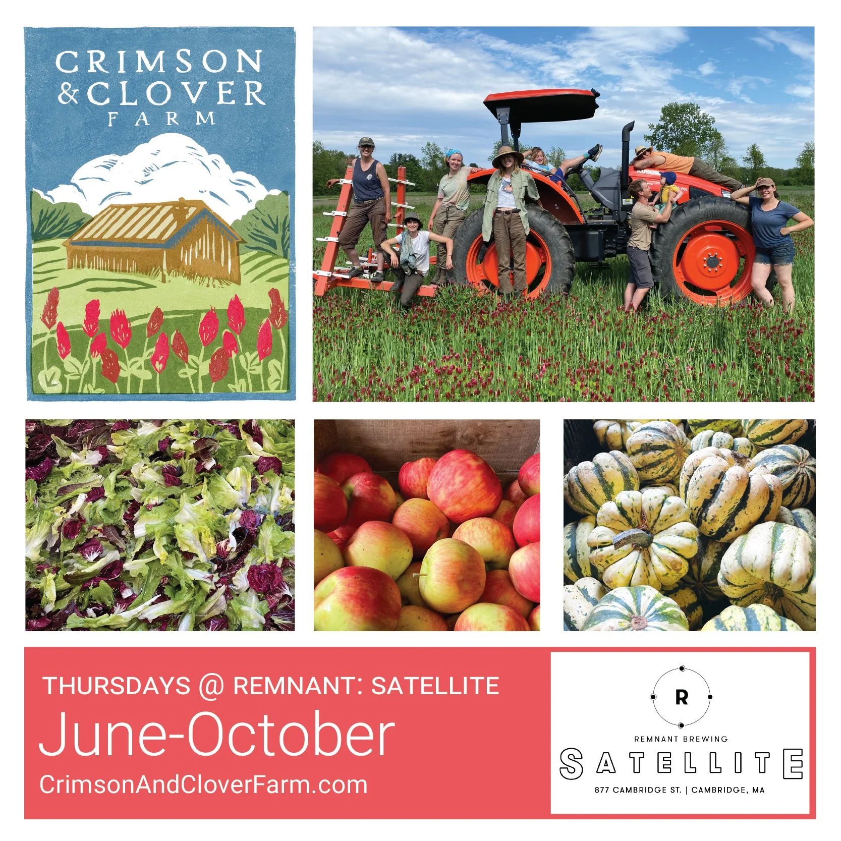 A promotional poster for Crimson & Clover Farm featuring an illustrated farm scene, a photo of people on a tractor in a field, and images of fresh vegetables. The poster advertises events from June to October on Thursdays at Remnant Brewing in Cambridge, MA.