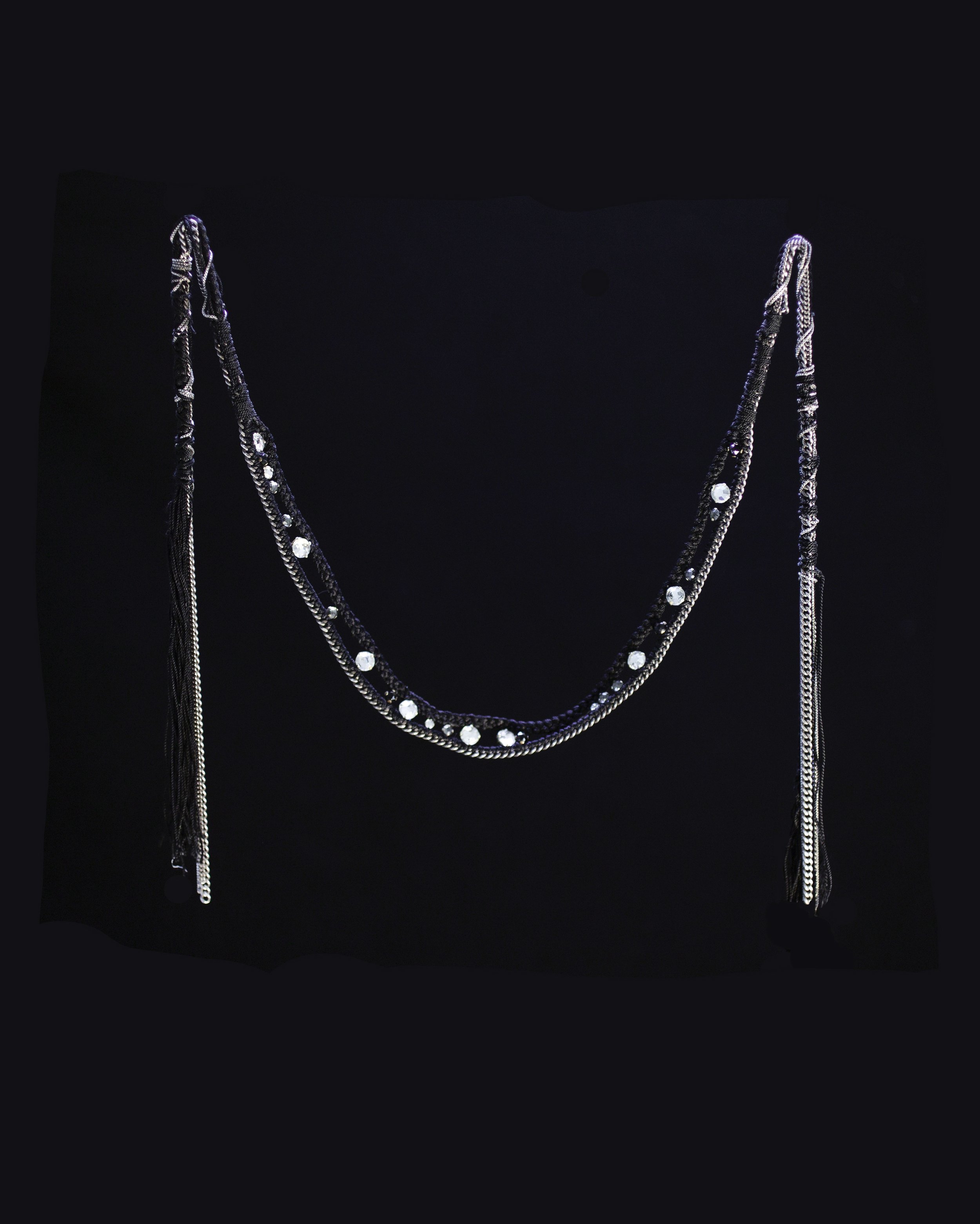 One of a kind black silk, silver chain and vintage rhinestone lariat necklace, 24 inches in length 