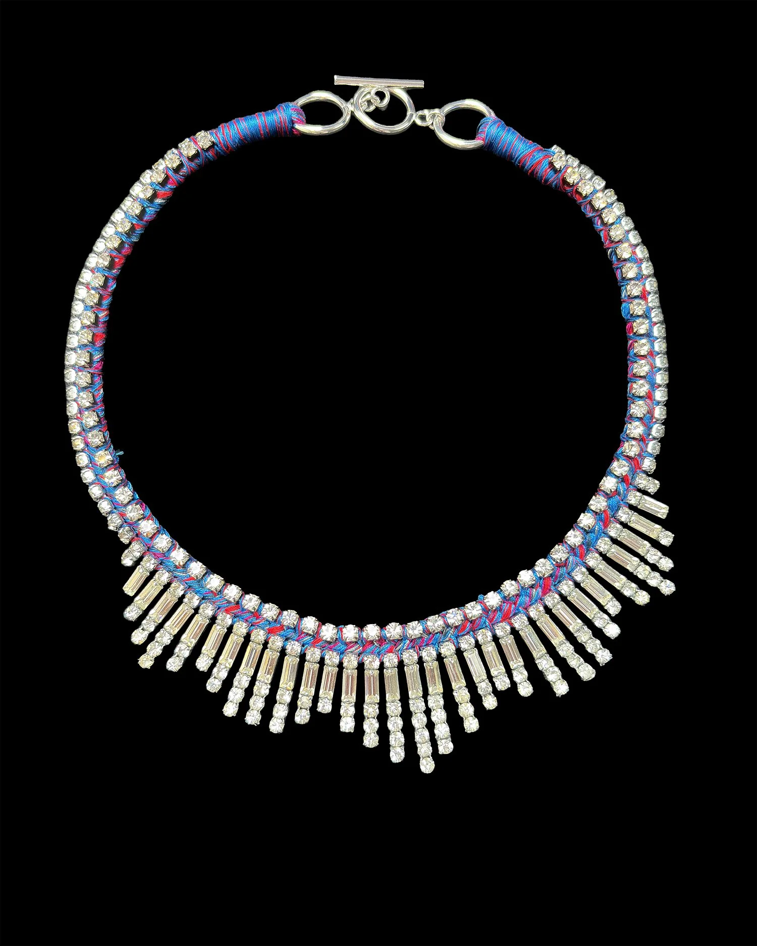 One of a kind mixed blue and red braided silk, vintage 1950's  rhinestone necklace, 17 inches in length