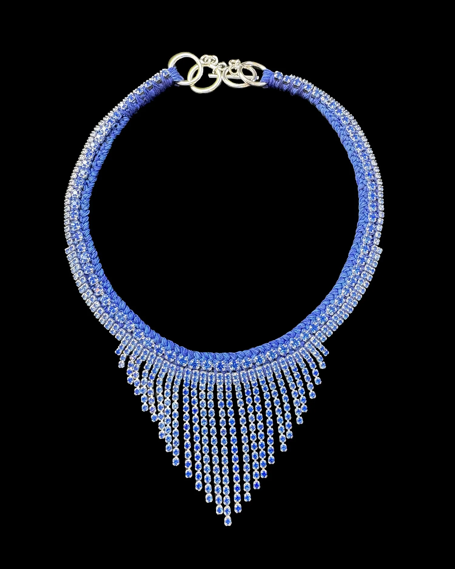 One of a kind mixed blue braided silk, vintage 1950's rhinestone necklace, 17 inches in length