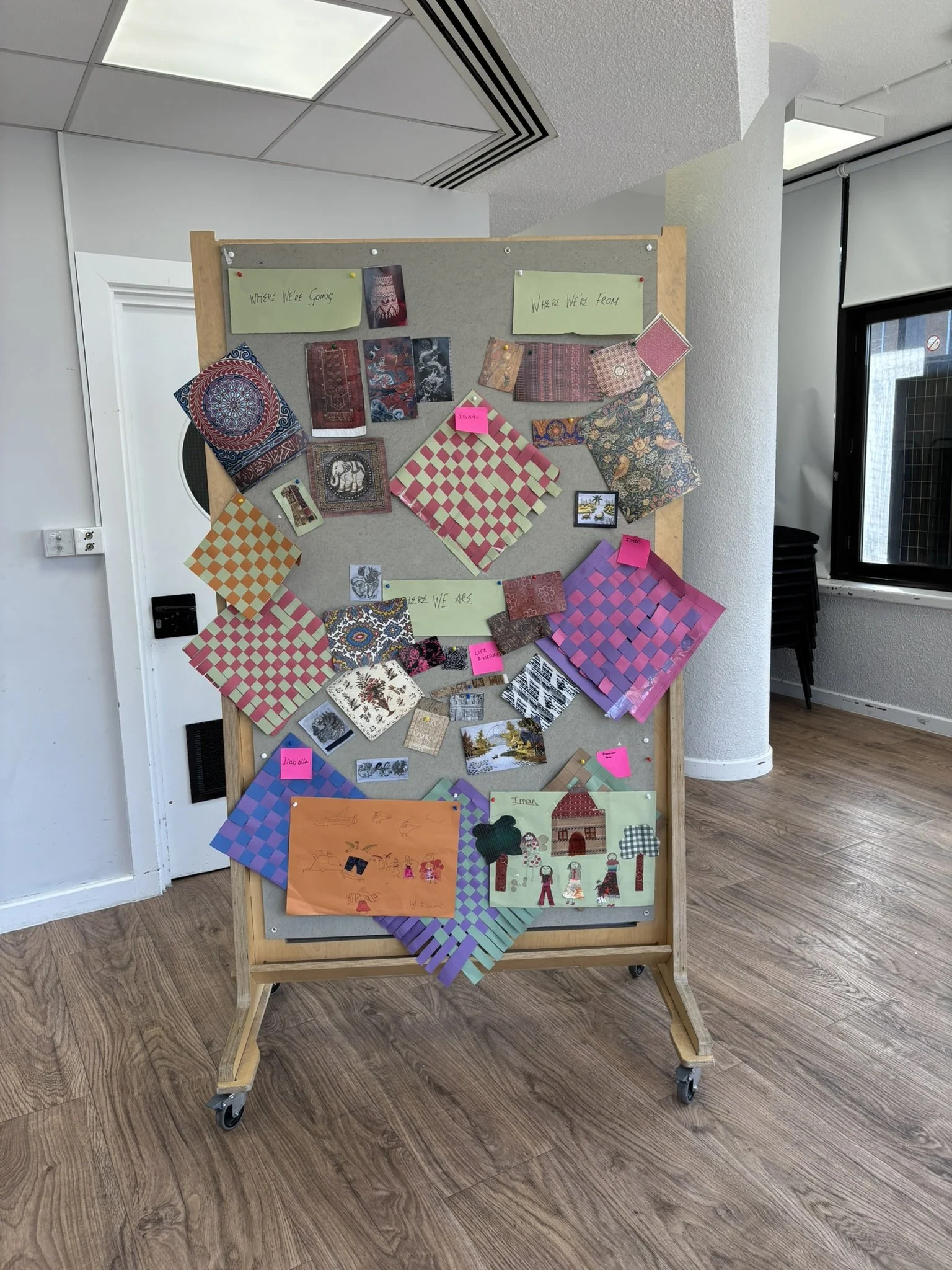 Woven mats and fabric collages from a workshop