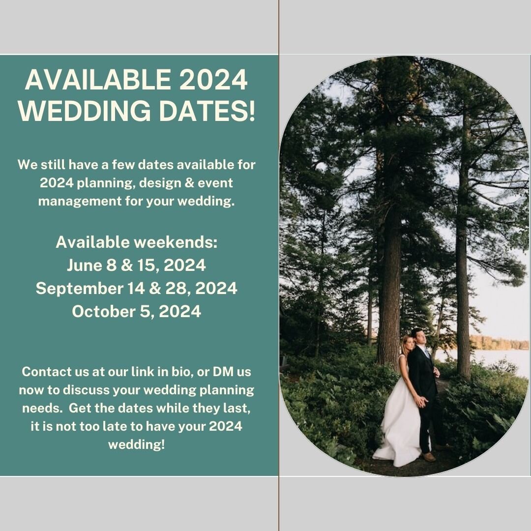 We still have a few peak 2024 wedding dates available for wedding planning, design and event day management! Be in touch at maineseasonsevents@gmail.com or DM here (or link in bio to our website) to discuss your needs. It is not too late to have your