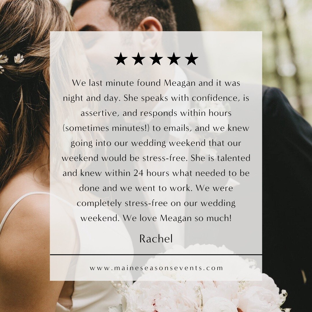 Client Review!

&quot;We ended up with Meagan through a non-traditional route. We initially had another wedding planner who wasn't very responsive or organized. We found Meagan at the last minute, and it was night and day. She speaks with confidence,