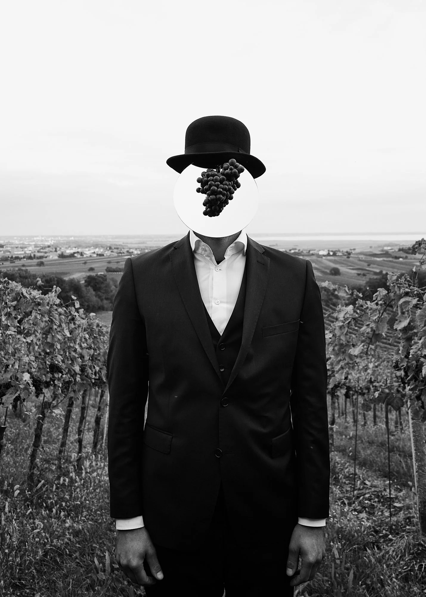 A person in a suit and hat standing in a vineyard with a landscape in the background. The face is replaced with a mirror reflecting grapes and a face is obscured.