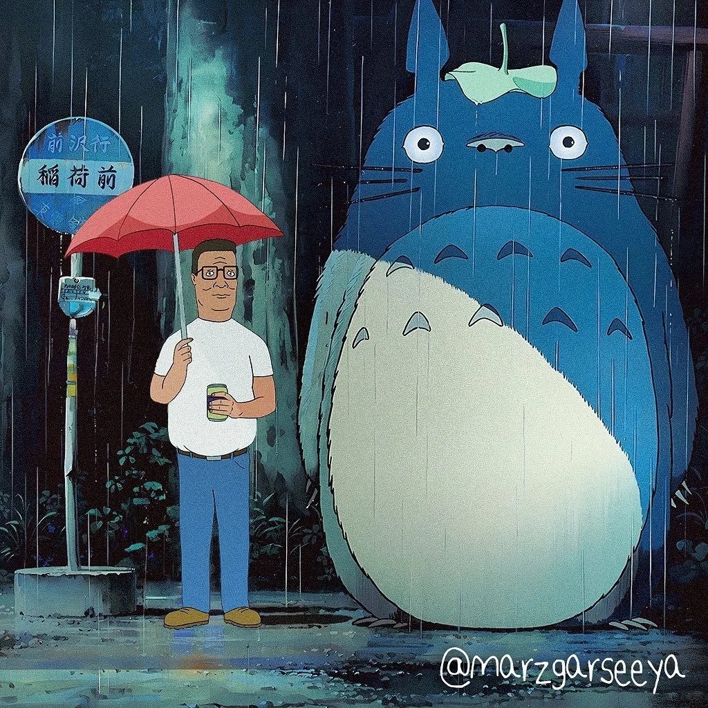 Street art mural featuring a man with glasses holding a red umbrella and a beverage standing next to a large mural of Totoro, the animated character, in the rain.